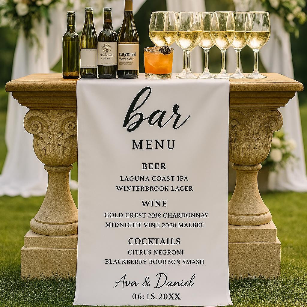 Custom Wedding Bar Sign – Personalized Drink Menu Banner with Beer & Wine for Reception or Cocktail Hour Decor