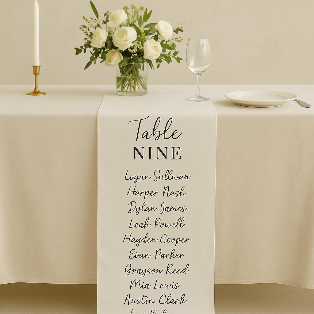 Custom Wedding Table Runner with Guest Names – Personalized Reception Seating Sign for Assigned Tables or Head Table Decor