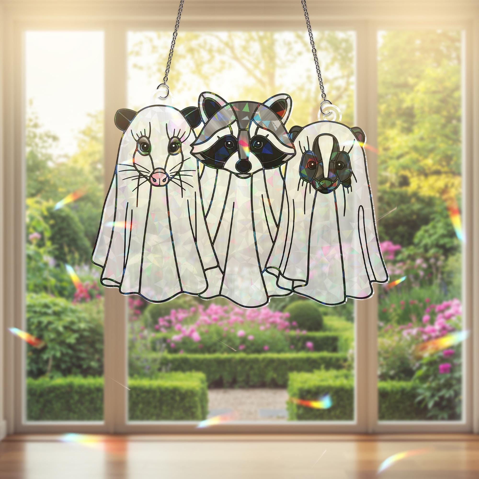 Ghost Animal Suncatcher – Holographic Acrylic Halloween Window Decor with Raccoon, Opossum & Skunk in Costumes