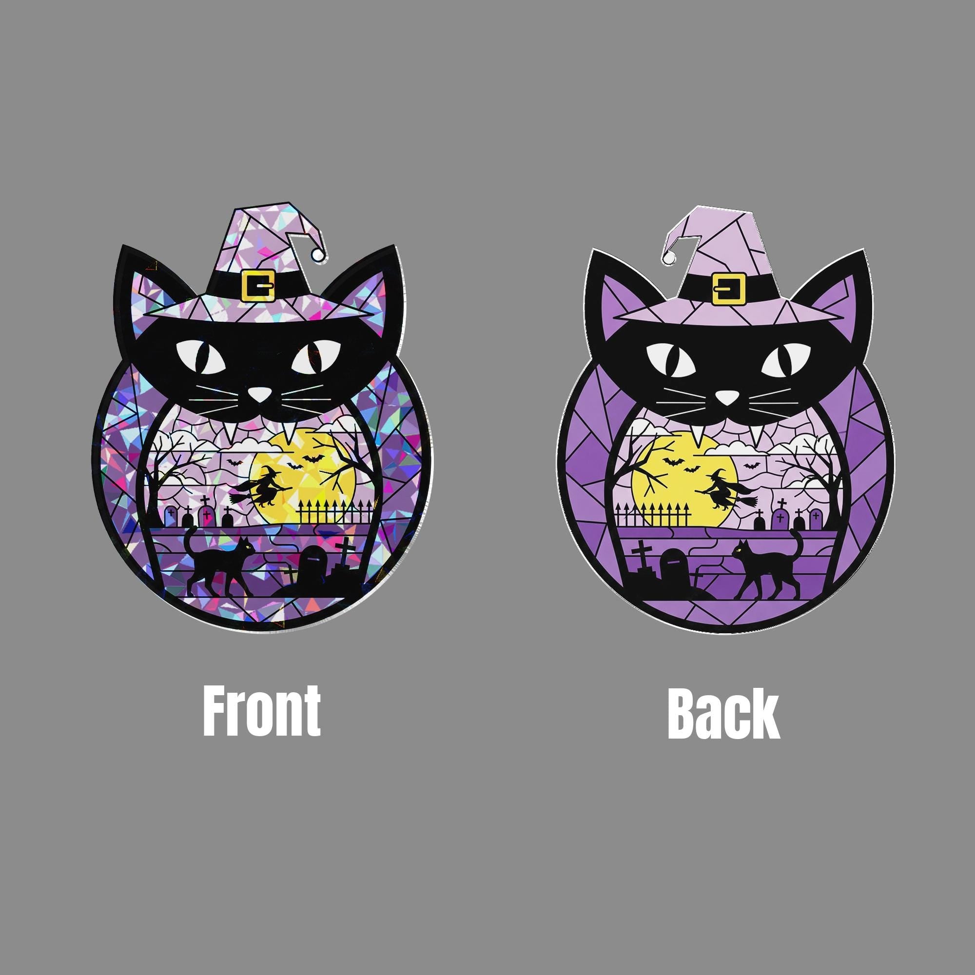 Black Cat Halloween Suncatcher, Acrylic Window Hanging Decor, Witch Scene Purple Sun Catcher, Spooky Fall Decoration Gift, Home Decor Fall