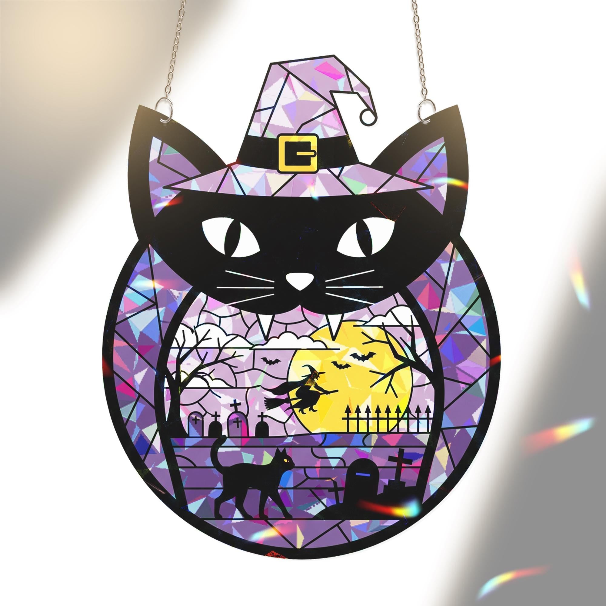 Black Cat Halloween Suncatcher, Acrylic Window Hanging Decor, Witch Scene Purple Sun Catcher, Spooky Fall Decoration Gift, Home Decor Fall