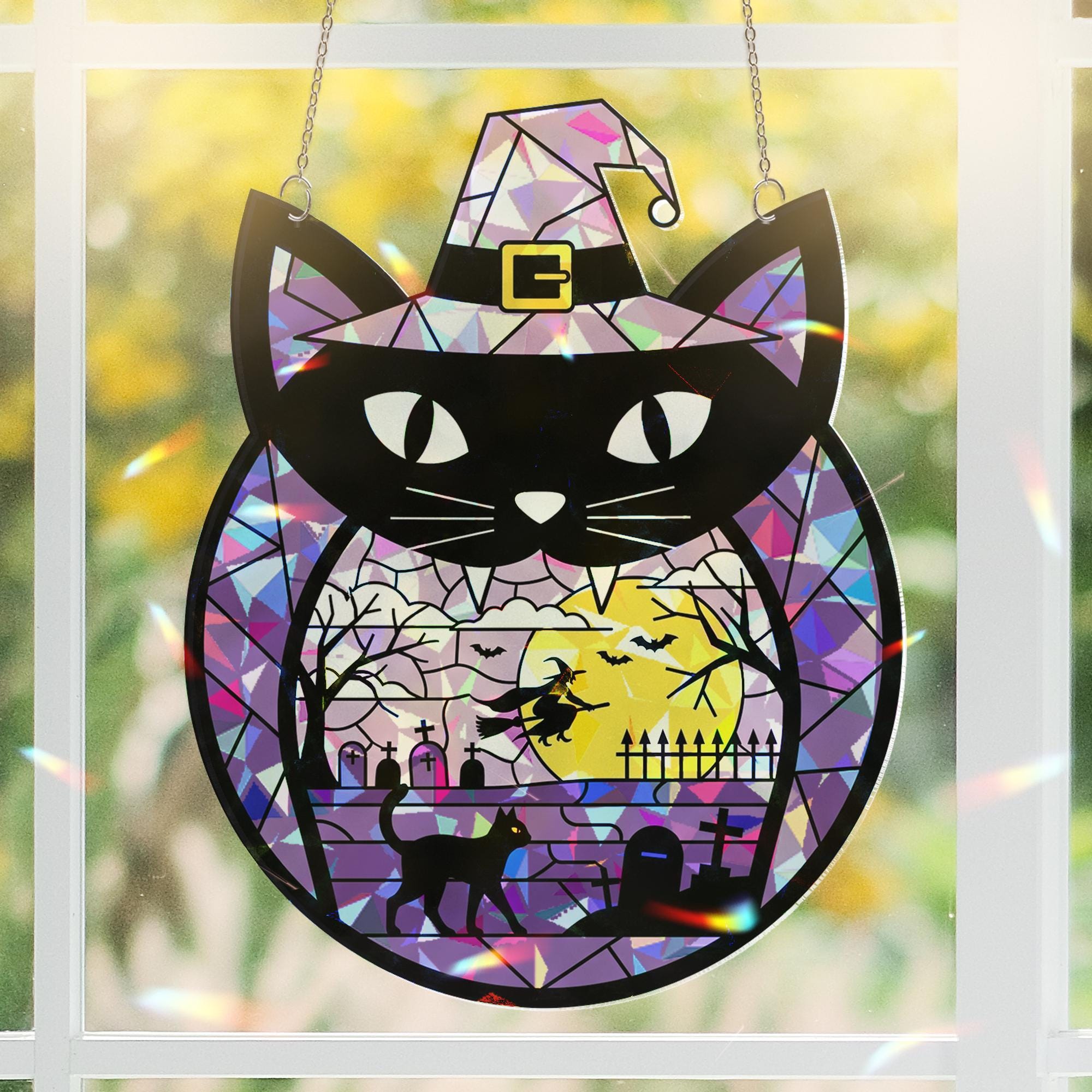 Black Cat Halloween Suncatcher, Acrylic Window Hanging Decor, Witch Scene Purple Sun Catcher, Spooky Fall Decoration Gift, Home Decor Fall