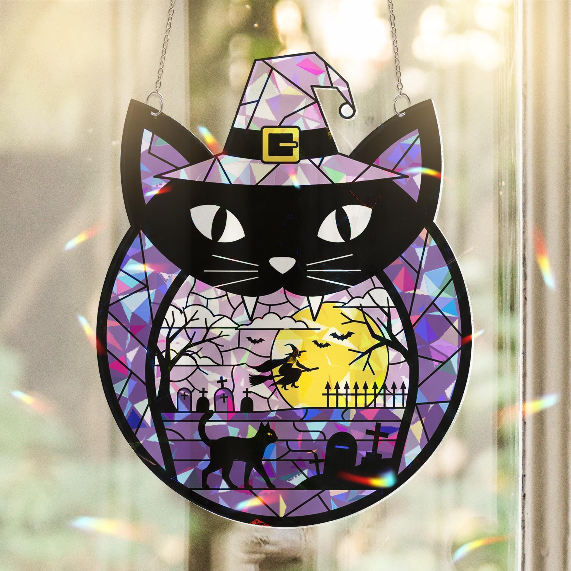 Black Cat Halloween Suncatcher, Acrylic Window Hanging Decor, Witch Scene Purple Sun Catcher, Spooky Fall Decoration Gift, Home Decor Fall