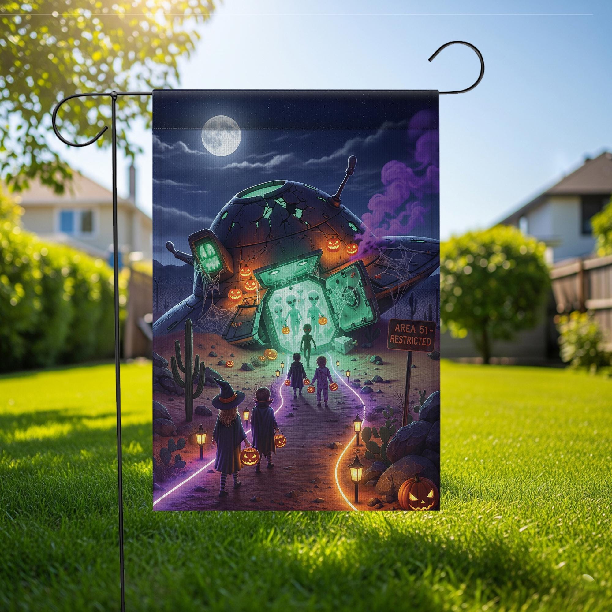 Halloween UFO Alien Garden Flag – Trick‑Or‑Treat Area 51 Spooky Outdoor Yard Banner with Pumpkins & Glow Design