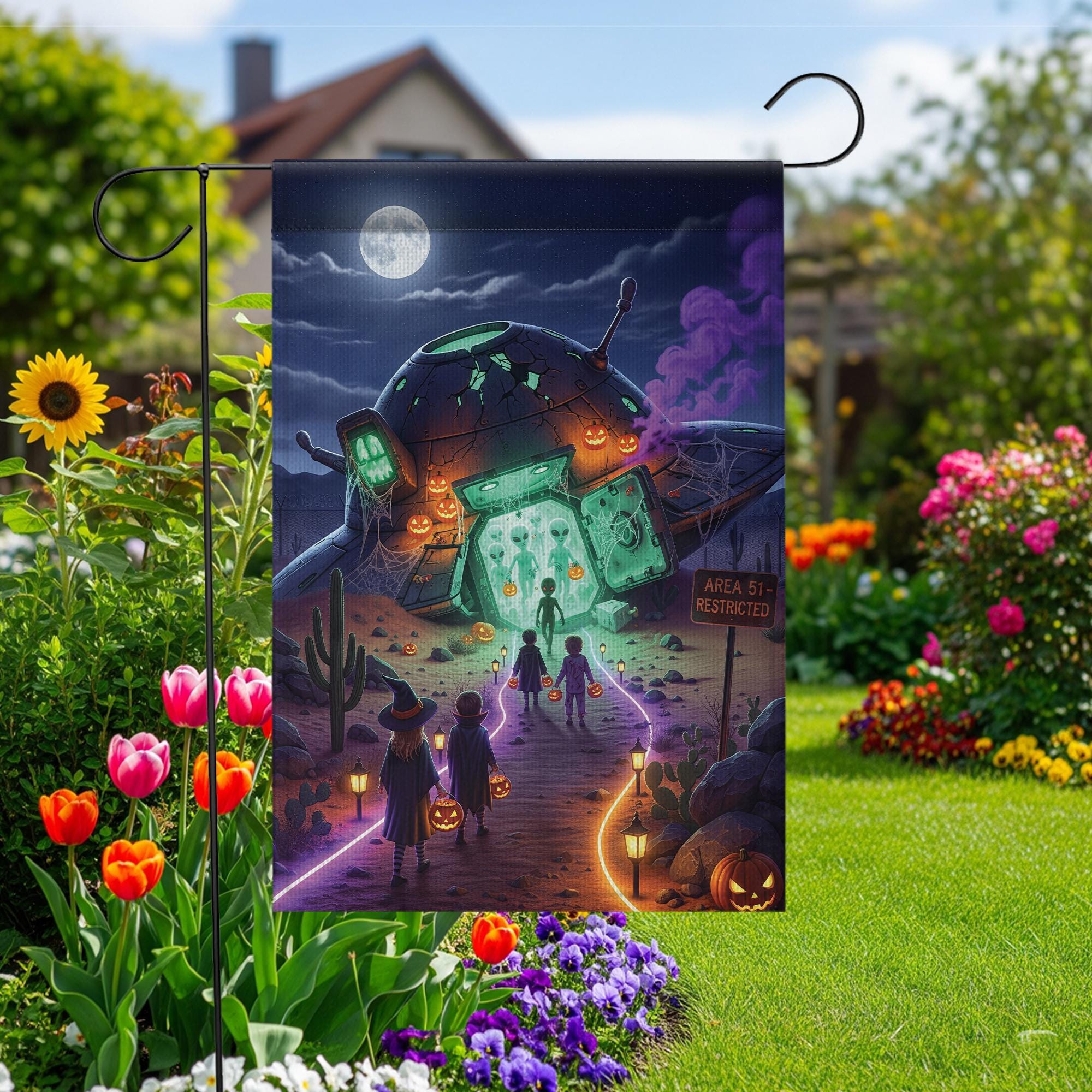Halloween UFO Alien Garden Flag – Trick‑Or‑Treat Area 51 Spooky Outdoor Yard Banner with Pumpkins & Glow Design