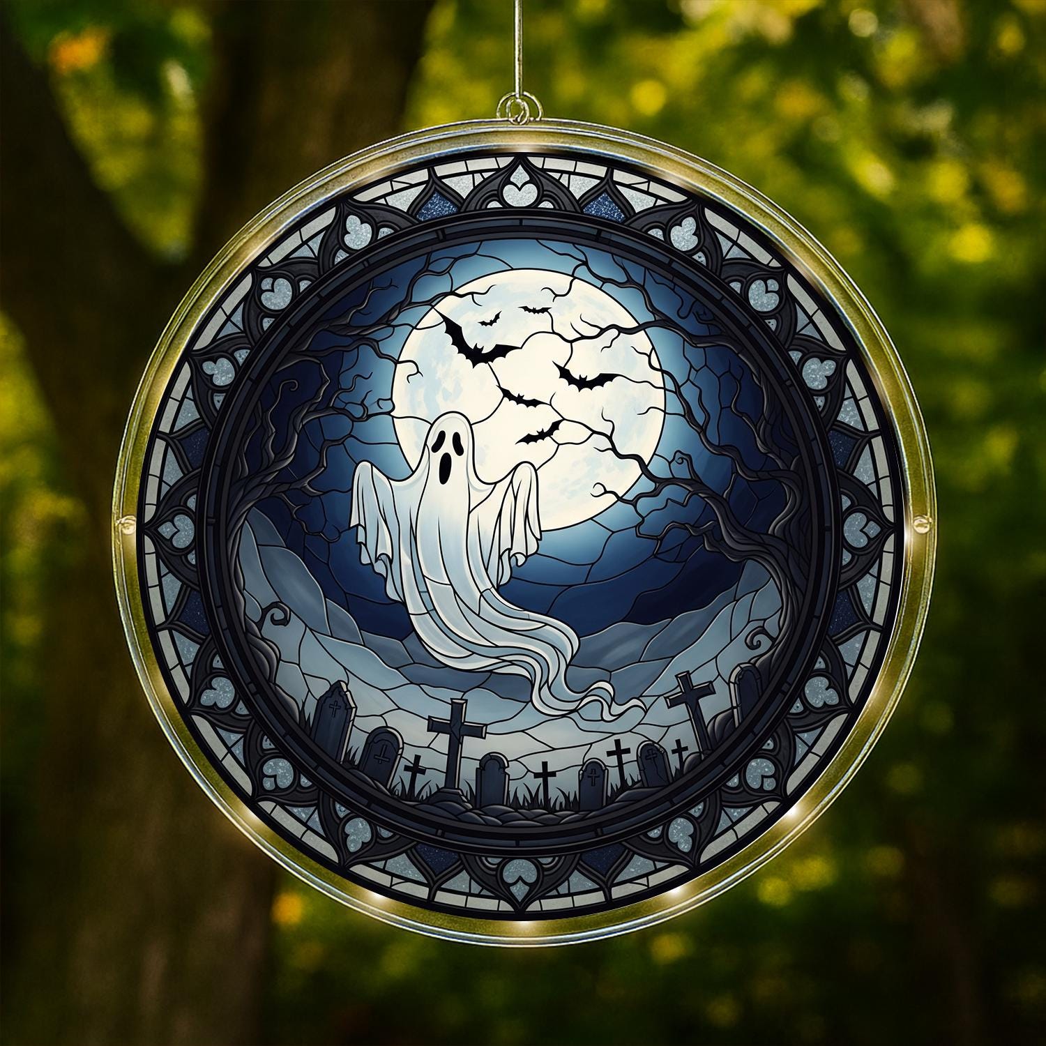 Ghost LED Light Lamp, Acrylic Halloween Hanging Decor, Spooky Graveyard Night Light, Blue Moon Wall Art, Gothic Fall Decoration, Fall Gift
