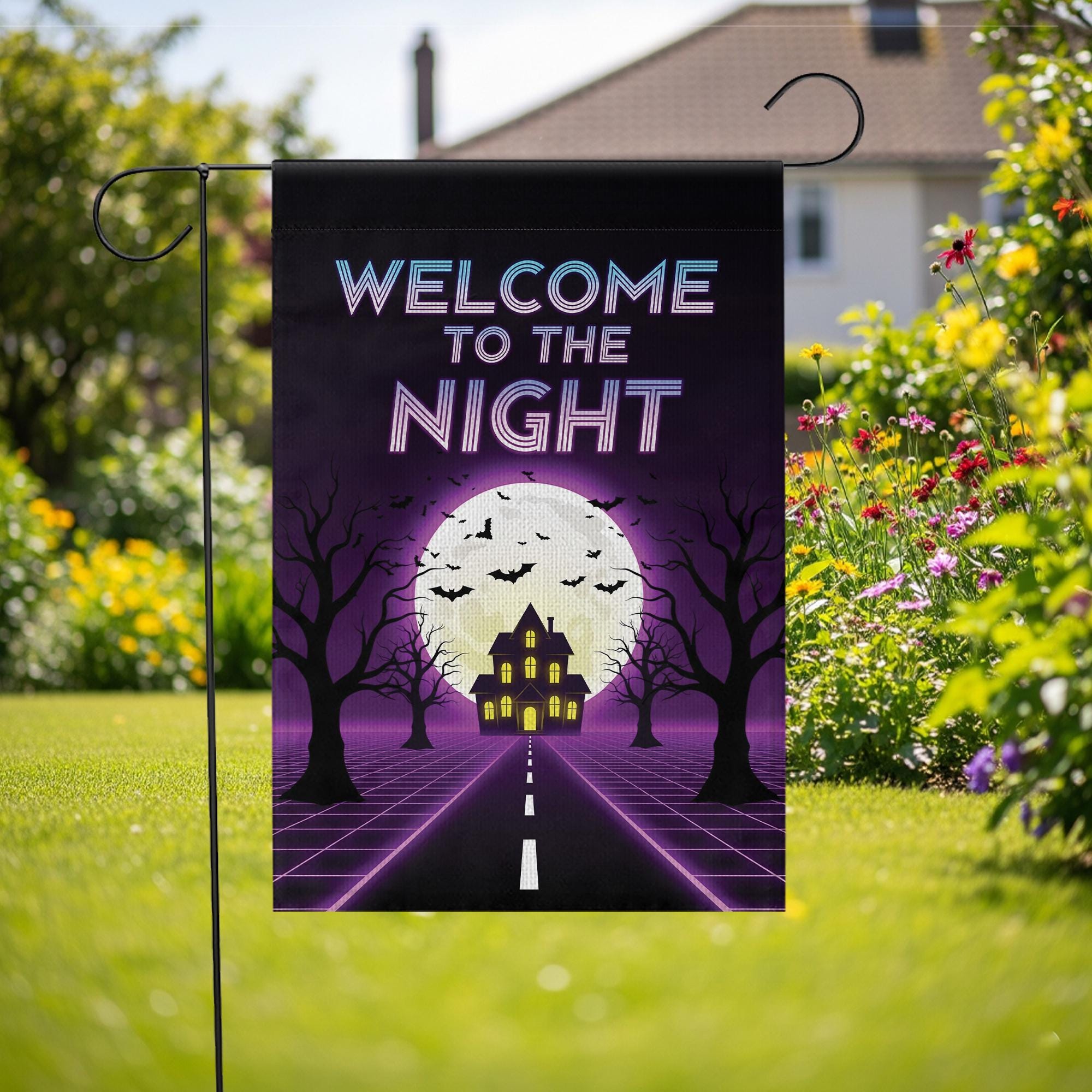 Halloween Welcome to the Night Flag – Spooky Full Moon Haunted House Garden Banner, Retro Neon Yard Decor