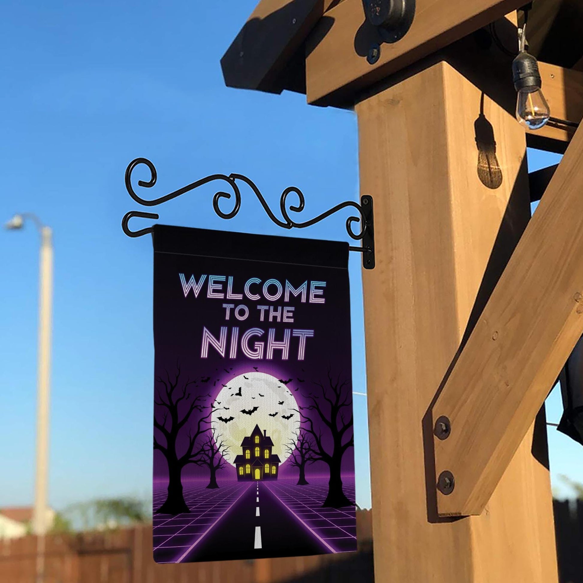 Halloween Welcome to the Night Flag – Spooky Full Moon Haunted House Garden Banner, Retro Neon Yard Decor