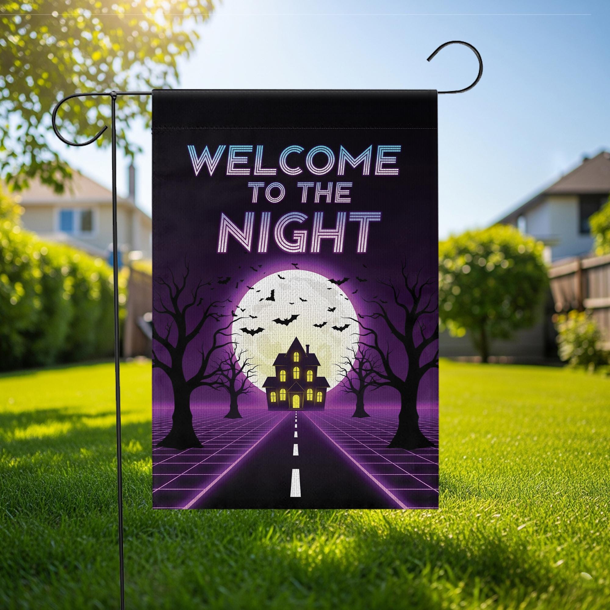 Halloween Welcome to the Night Flag – Spooky Full Moon Haunted House Garden Banner, Retro Neon Yard Decor