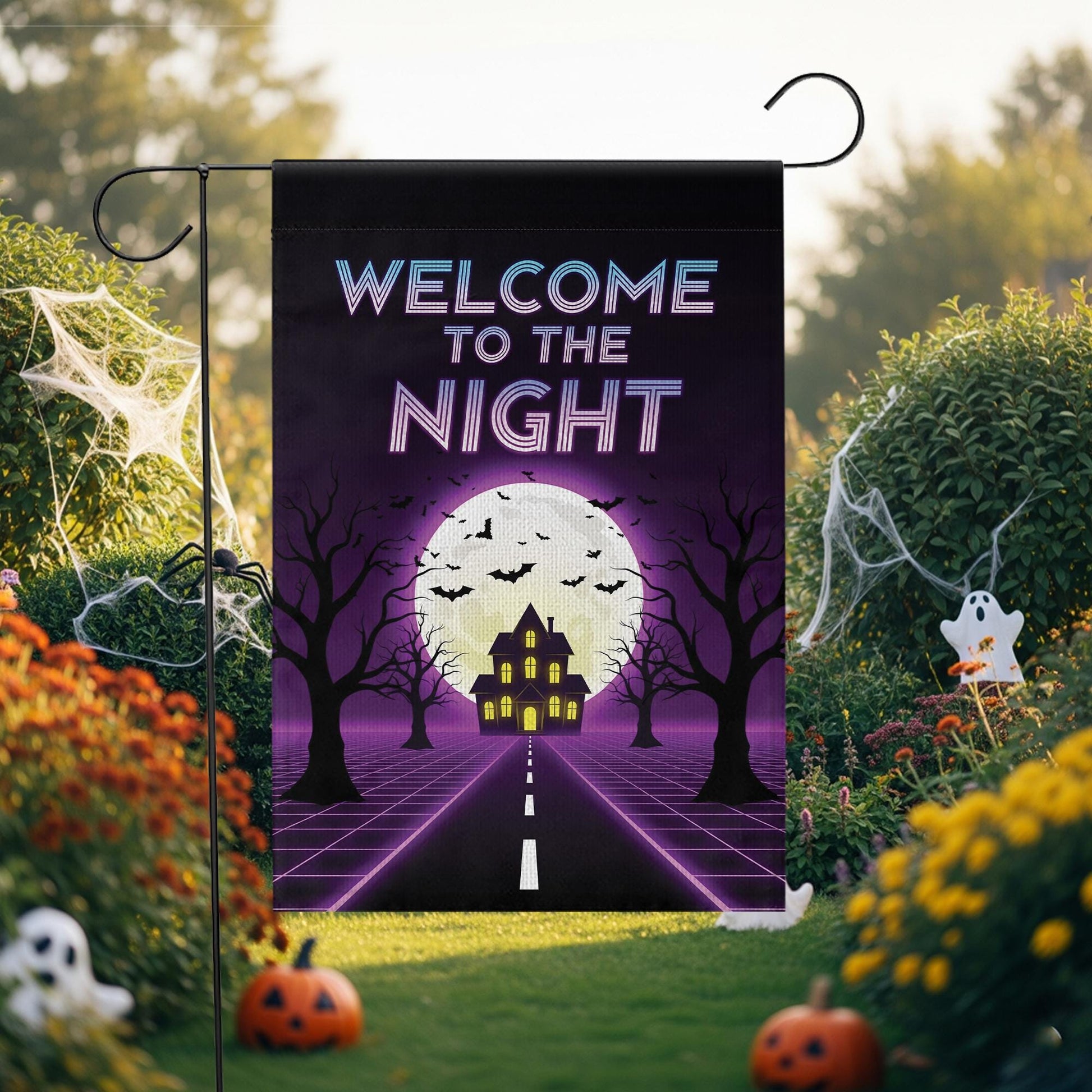 Halloween Welcome to the Night Flag – Spooky Full Moon Haunted House Garden Banner, Retro Neon Yard Decor