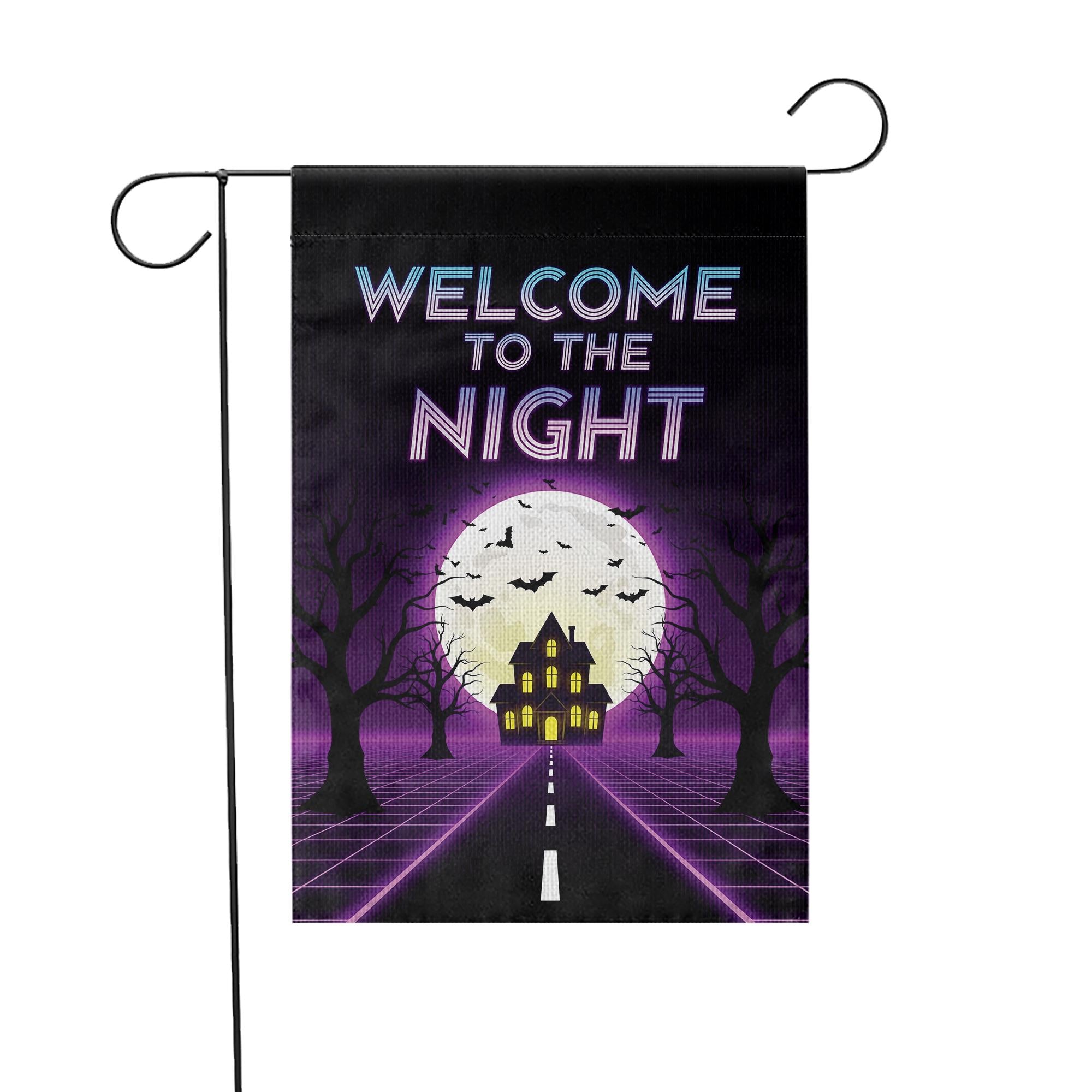 Halloween Welcome to the Night Flag – Spooky Full Moon Haunted House Garden Banner, Retro Neon Yard Decor
