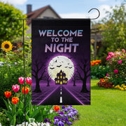 Halloween Welcome to the Night Flag – Spooky Full Moon Haunted House Garden Banner, Retro Neon Yard Decor
