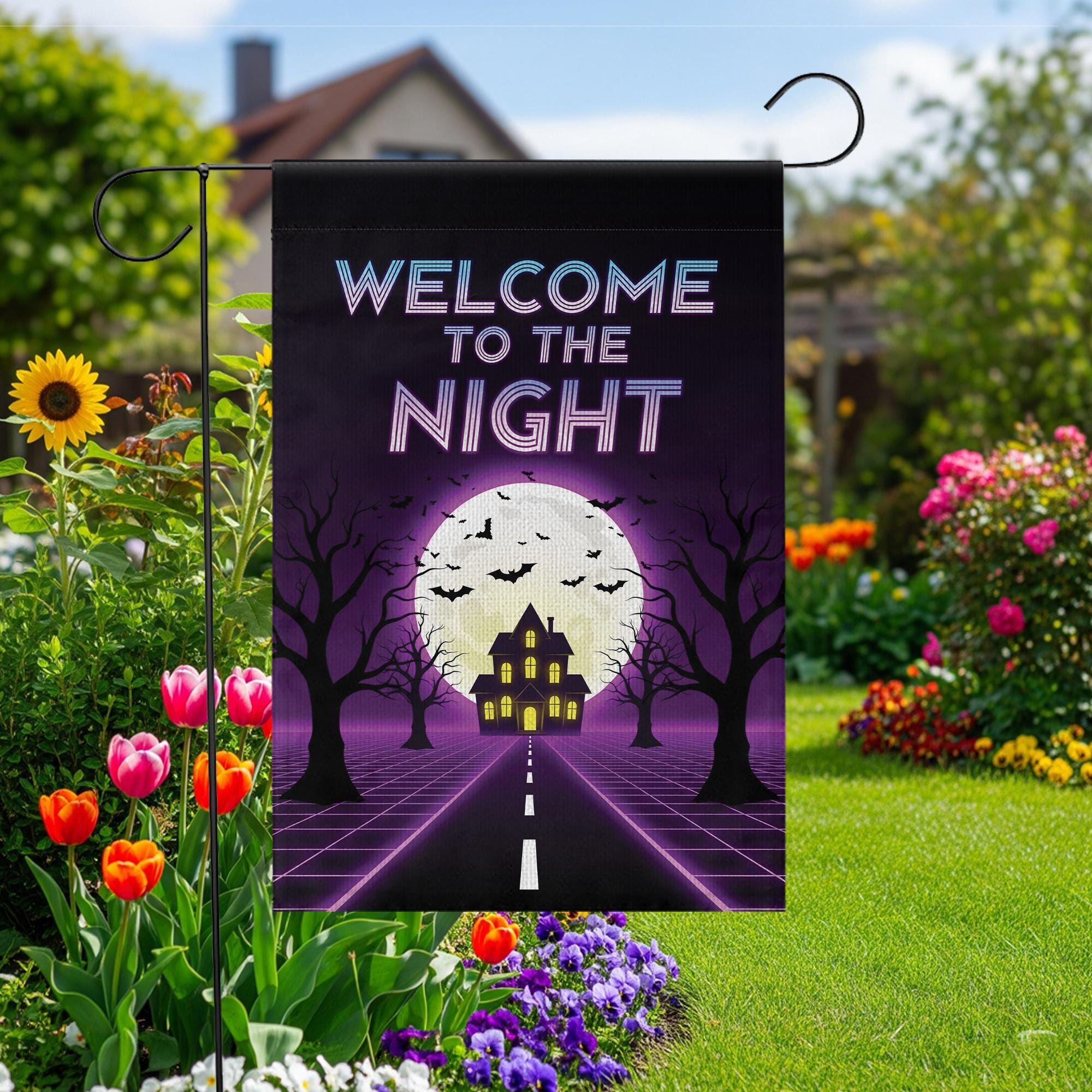 Halloween Welcome to the Night Flag – Spooky Full Moon Haunted House Garden Banner, Retro Neon Yard Decor