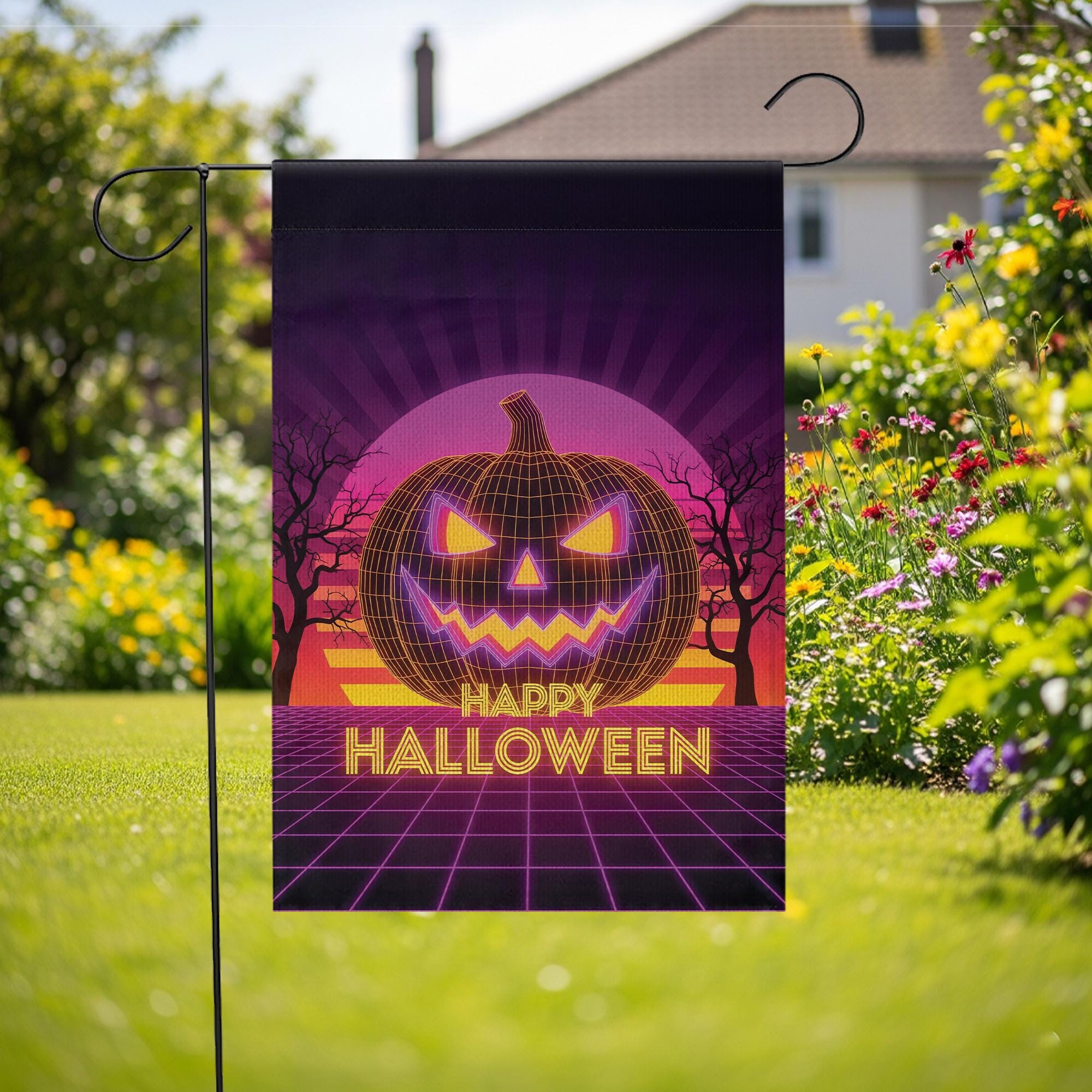 Happy Halloween Neon Pumpkin Garden Flag – Retro Halloween Jack‑O‑Lantern Yard Banner