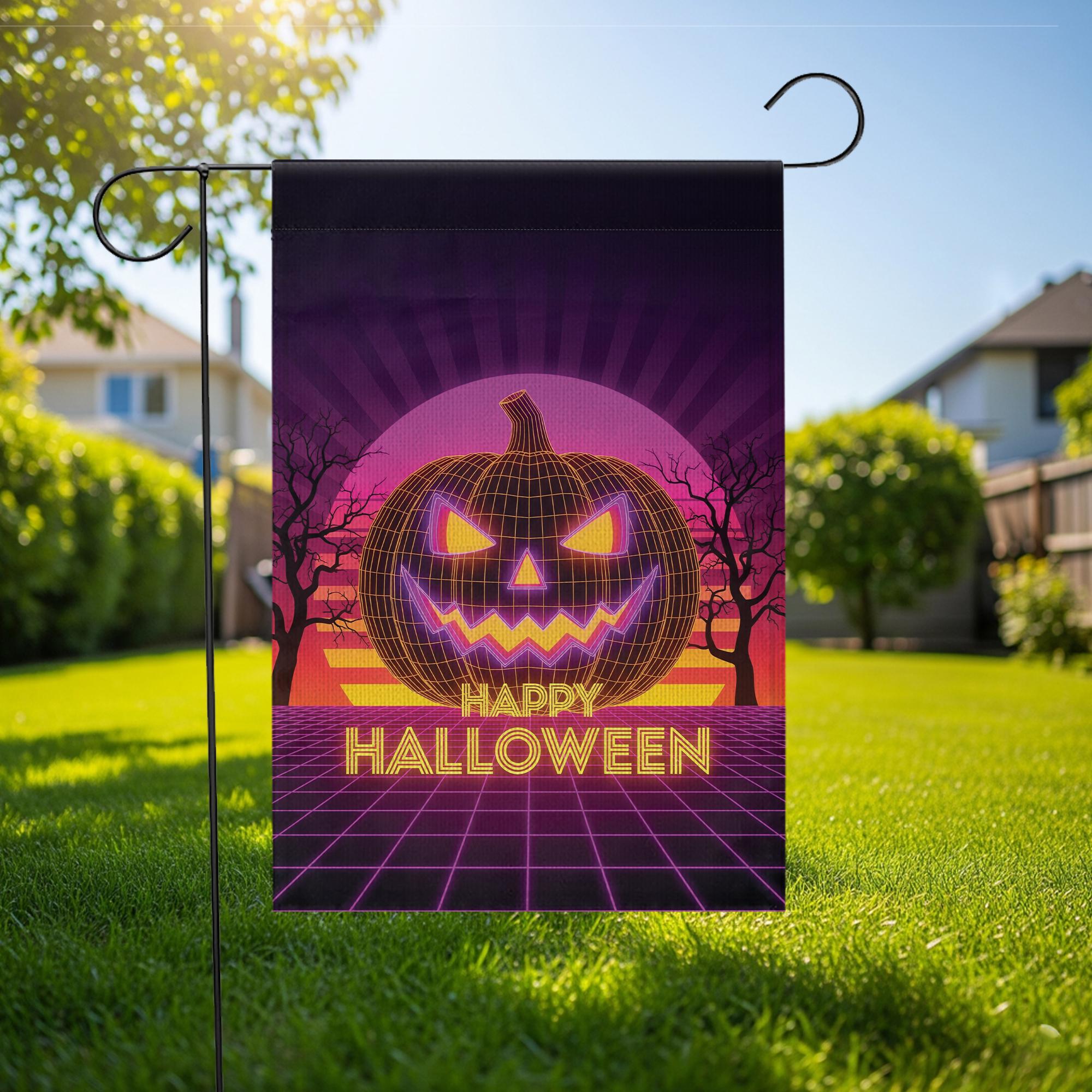 Happy Halloween Neon Pumpkin Garden Flag – Retro Halloween Jack‑O‑Lantern Yard Banner