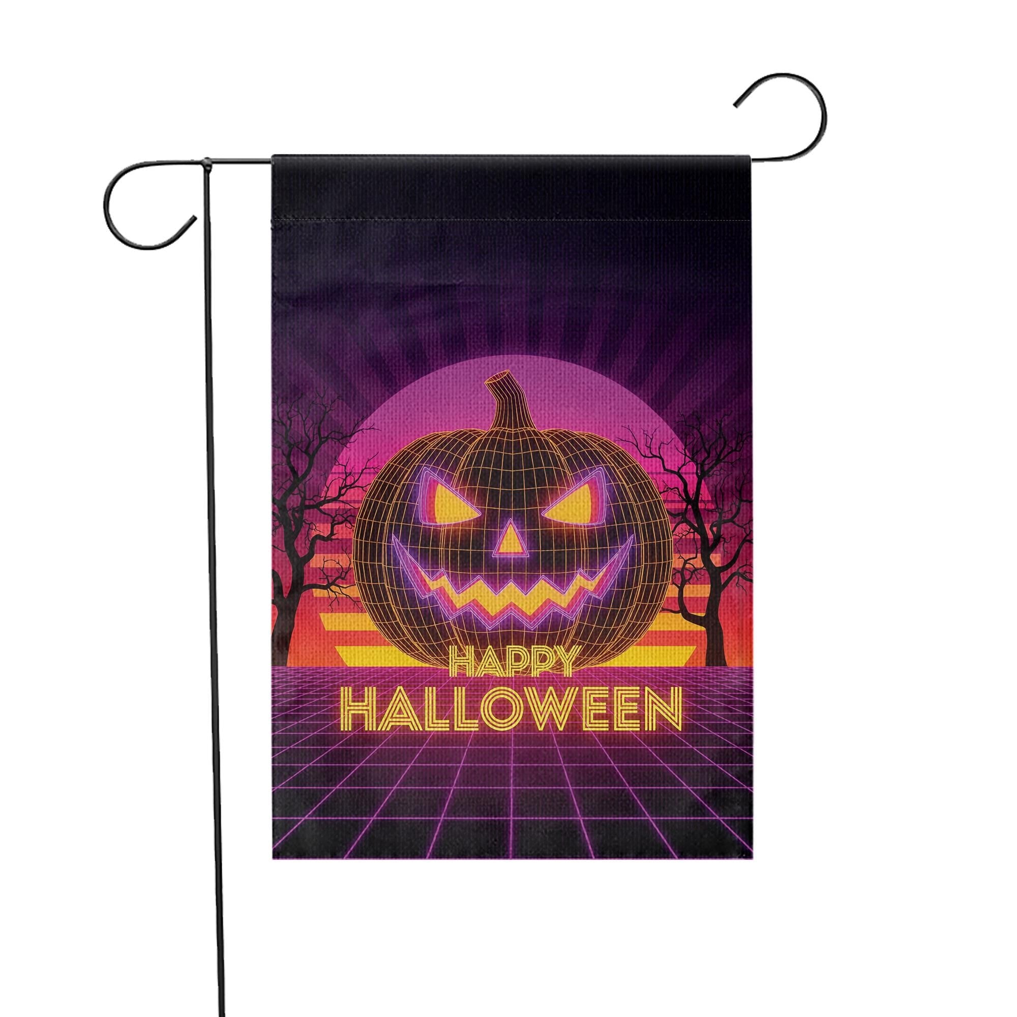 Happy Halloween Neon Pumpkin Garden Flag – Retro Halloween Jack‑O‑Lantern Yard Banner