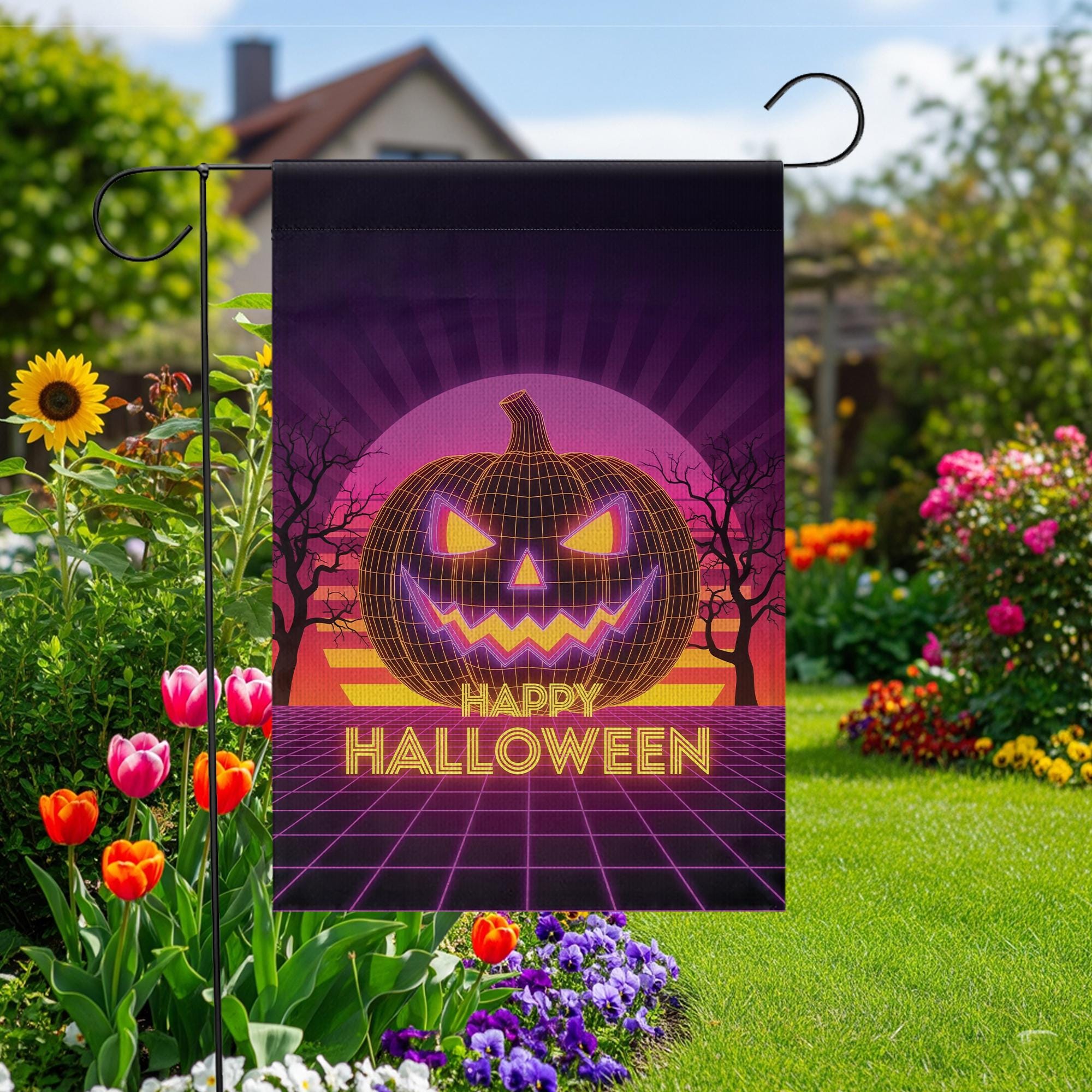 Happy Halloween Neon Pumpkin Garden Flag – Retro Halloween Jack‑O‑Lantern Yard Banner