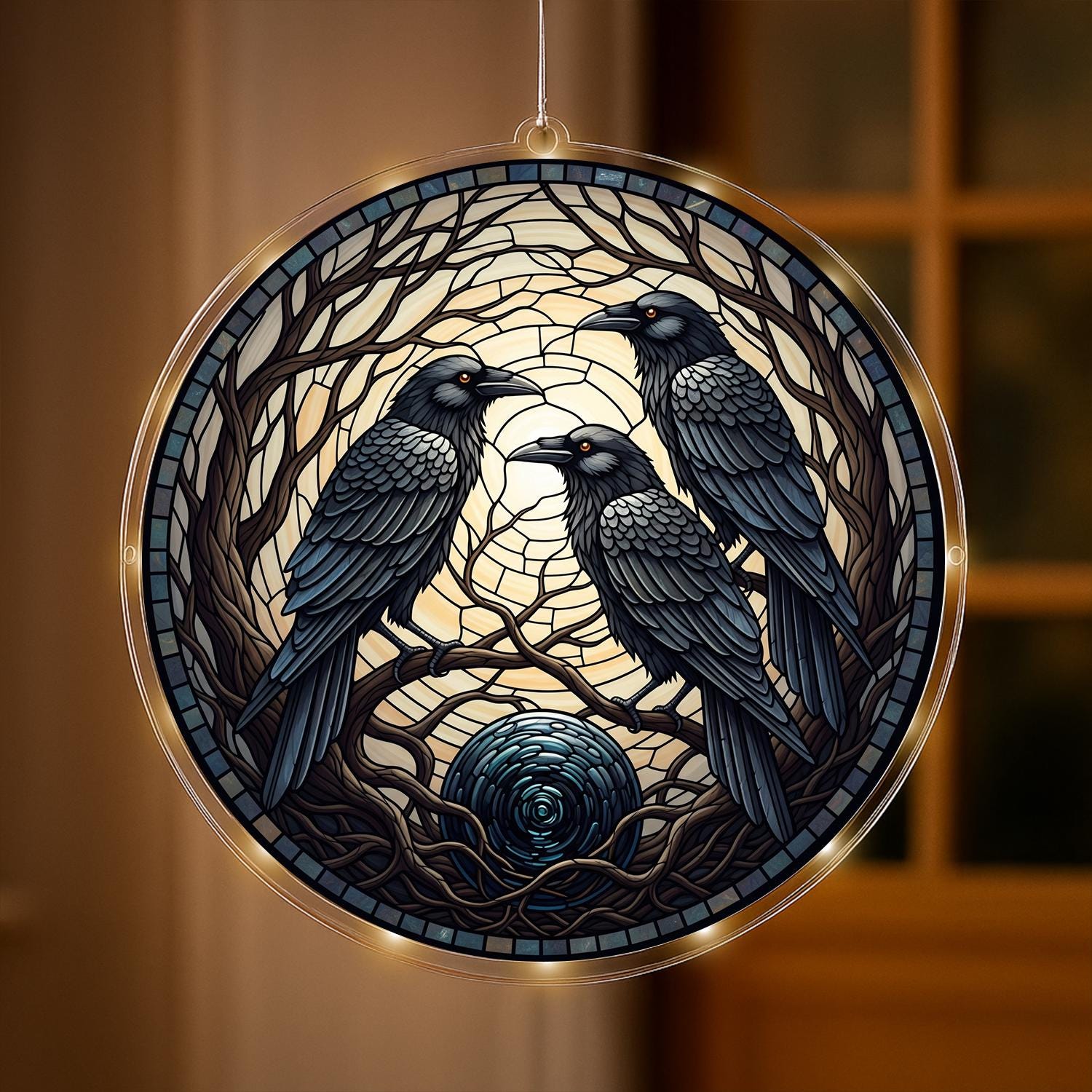 Raven LED Light Lamp, Gothic Acrylic Hanging Light, Crow Tree Moon Wall Decor, Dark Forest Art Lamp, Halloween Raven Decoration, Fall Gift