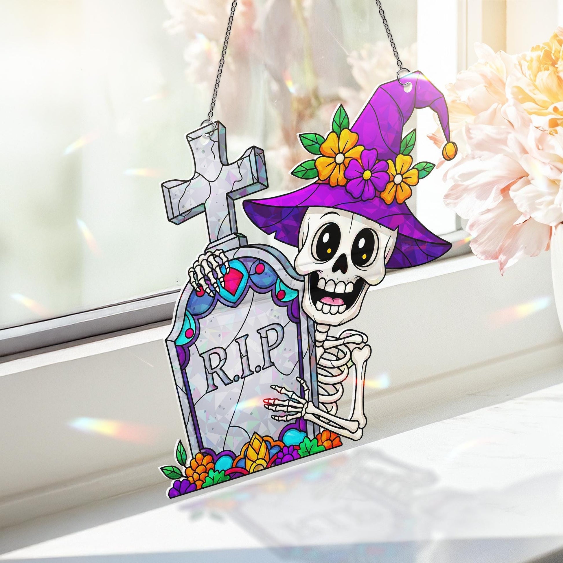 Halloween Skeleton RIP Window Hanger – Witch Hat Skeleton Halloween Décor