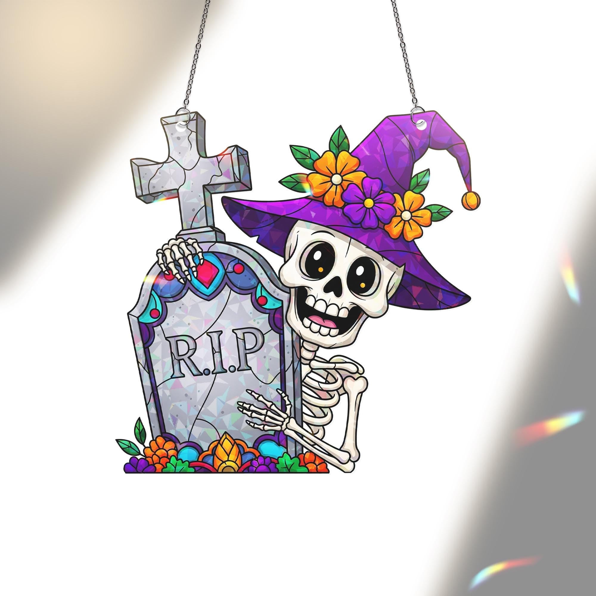 Halloween Skeleton RIP Window Hanger – Witch Hat Skeleton Halloween Décor