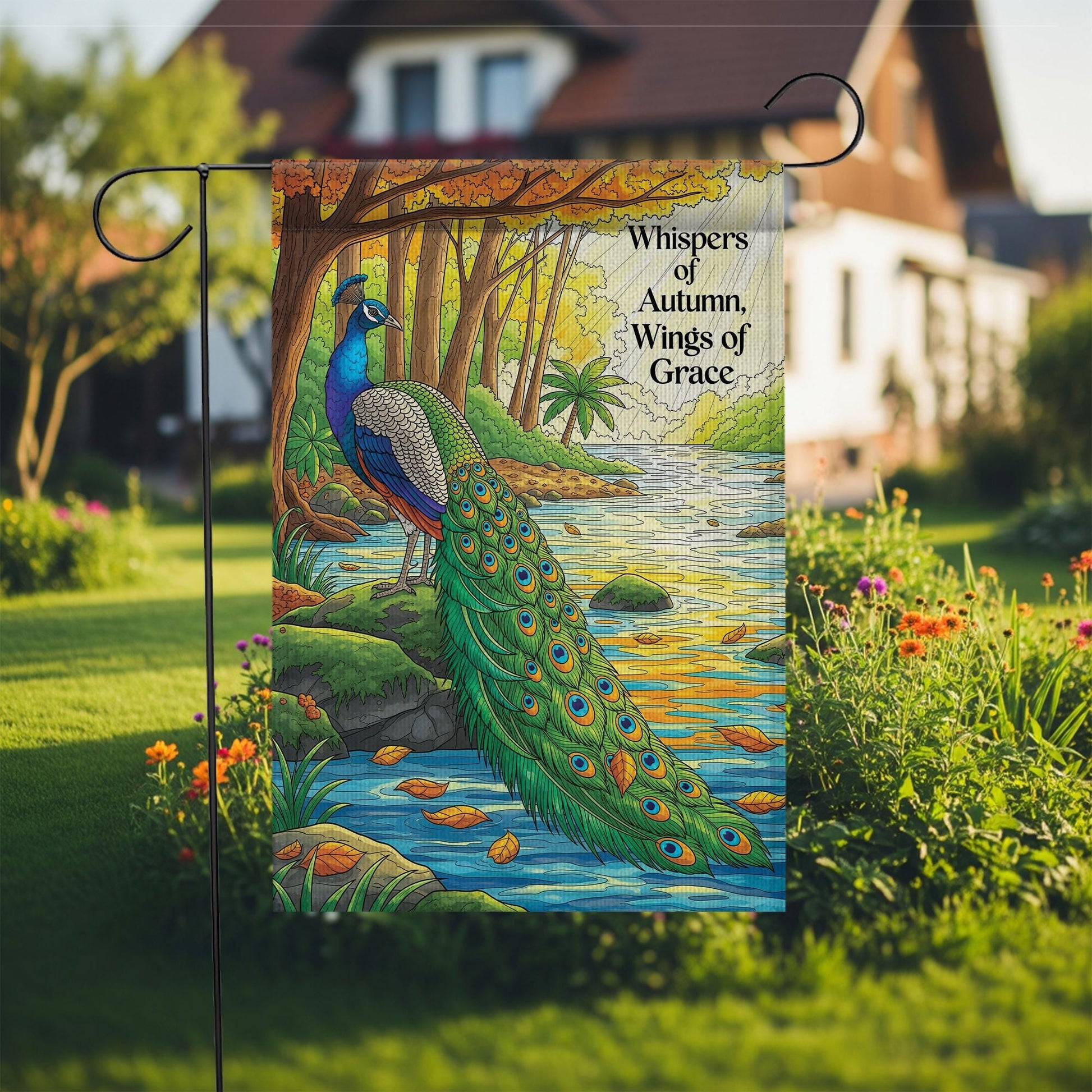 Autumn Peacock Garden Flag – ‘Whispers of Autumn, Wings of Grace’ Fall Yard Banner