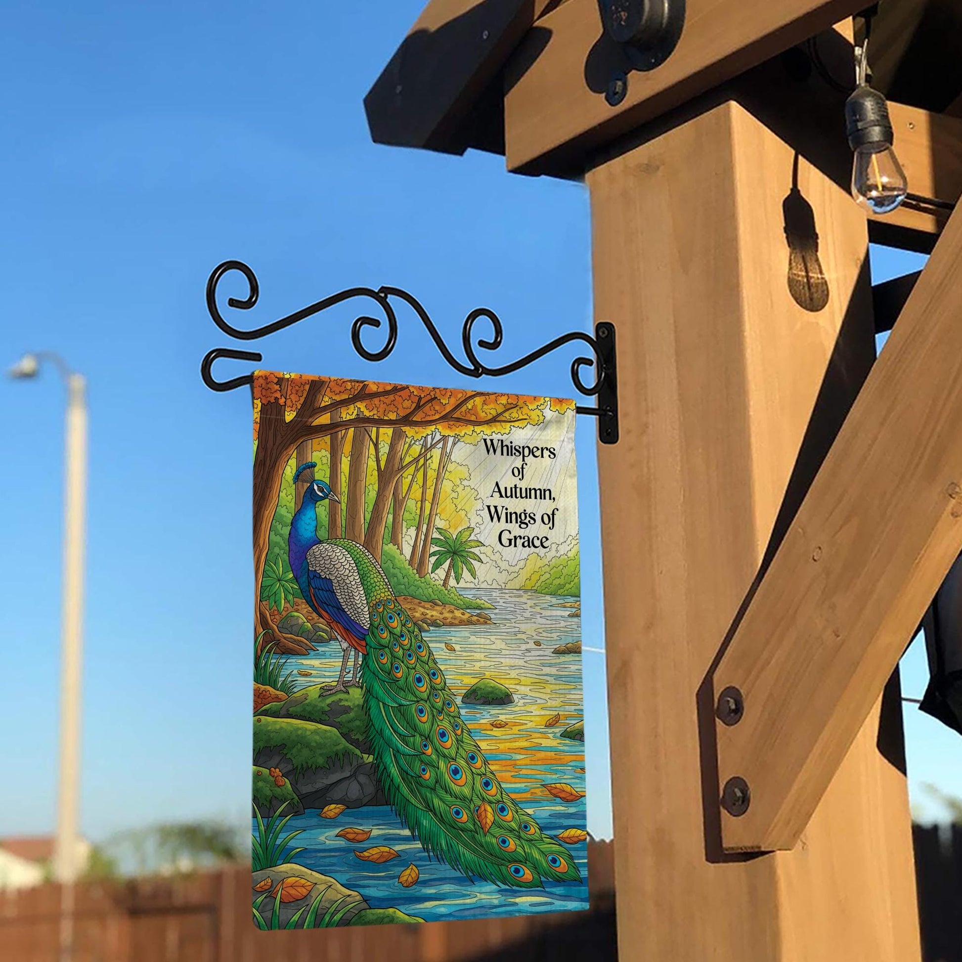 Autumn Peacock Garden Flag – ‘Whispers of Autumn, Wings of Grace’ Fall Yard Banner