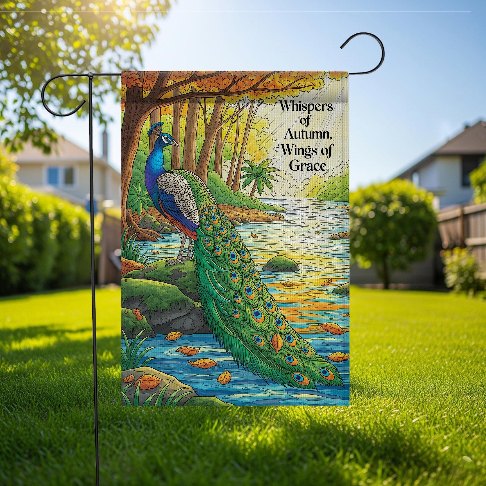 Autumn Peacock Garden Flag – ‘Whispers of Autumn, Wings of Grace’ Fall Yard Banner