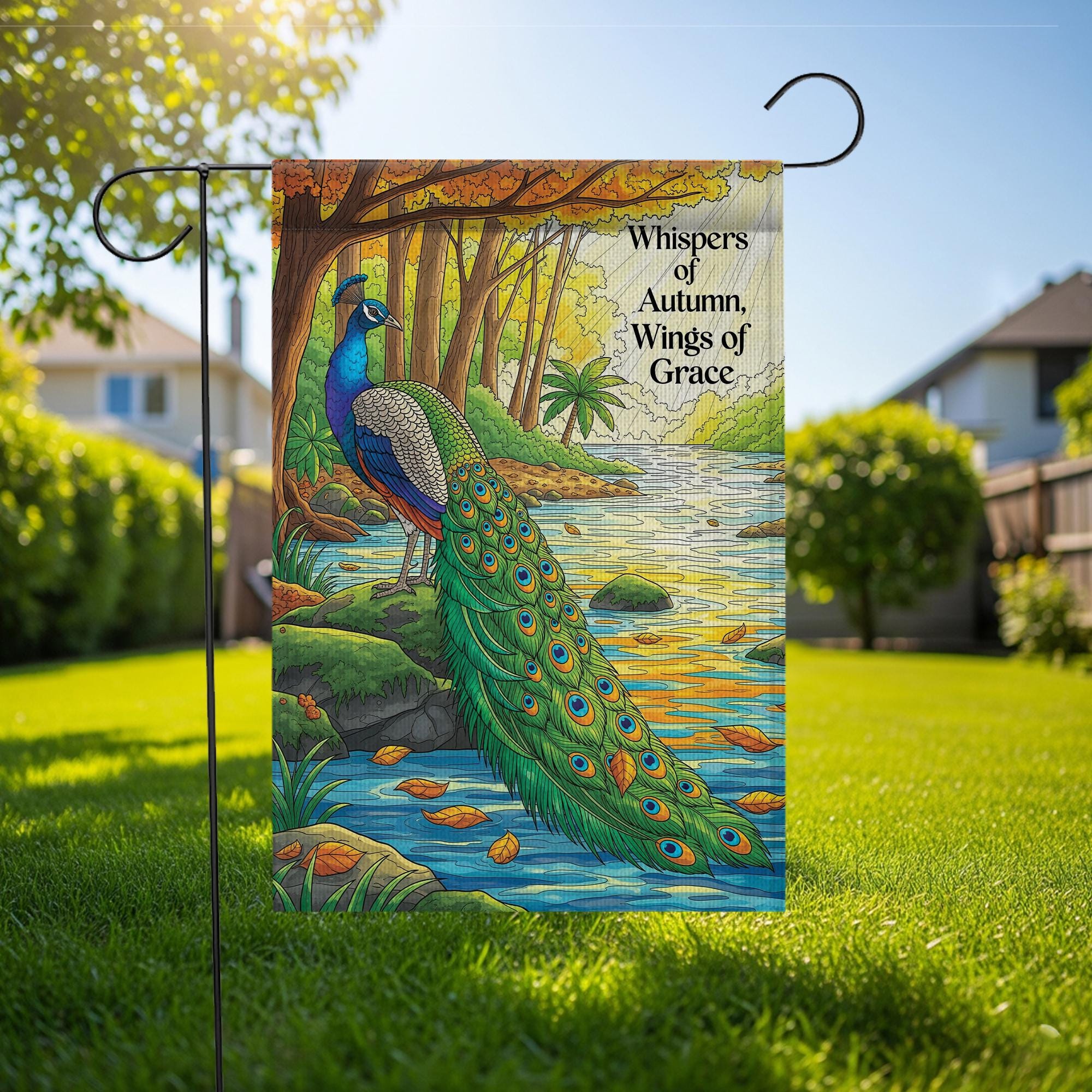 Autumn Peacock Garden Flag – ‘Whispers of Autumn, Wings of Grace’ Fall Yard Banner