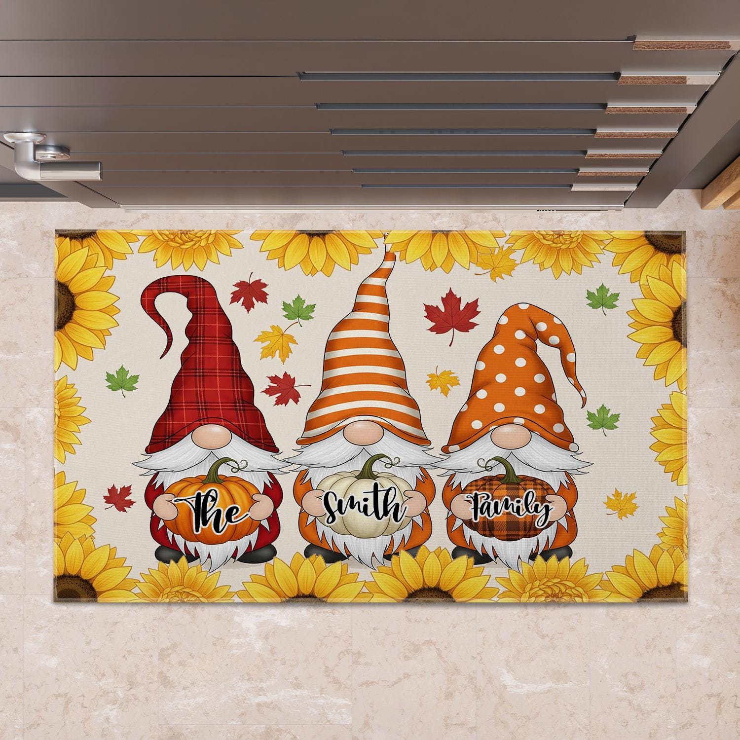 Fall Gnome Doormat, Personalized Pumpkin Welcome Mat, Autumn Sunflower Door Rug, Custom Family Name Entryway Decor, Home Decor Custom