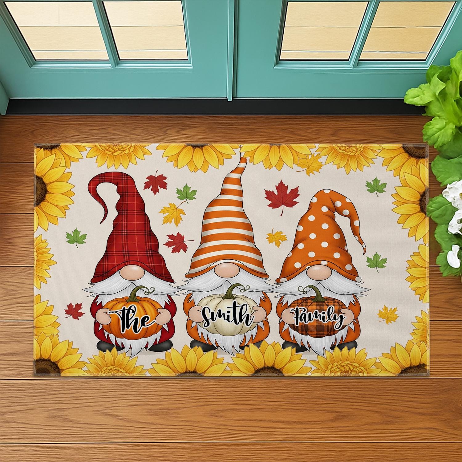 Fall Gnome Doormat, Personalized Pumpkin Welcome Mat, Autumn Sunflower Door Rug, Custom Family Name Entryway Decor, Home Decor Custom