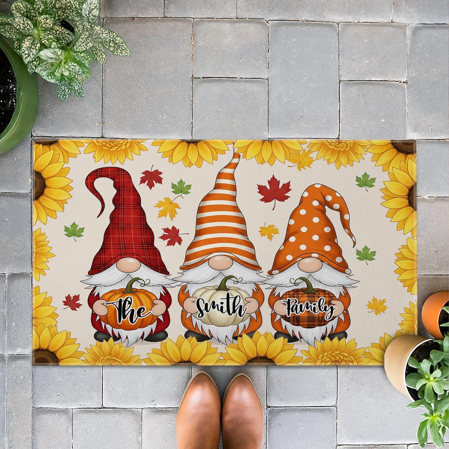 Fall Gnome Doormat, Personalized Pumpkin Welcome Mat, Autumn Sunflower Door Rug, Custom Family Name Entryway Decor, Home Decor Custom