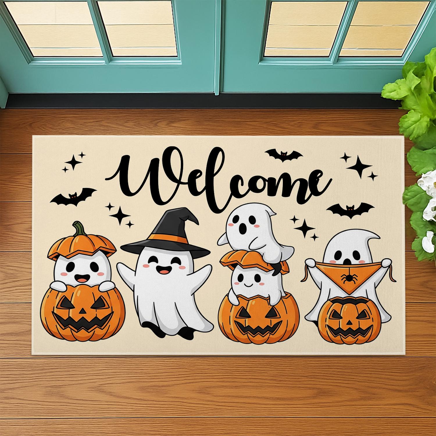 Halloween Ghost Doormat, Cute Pumpkin Welcome Mat, Fall Porch Decor, Spooky Entry Rug, Trick or Treat Door Mat for Home, Fall Home Decor Mat