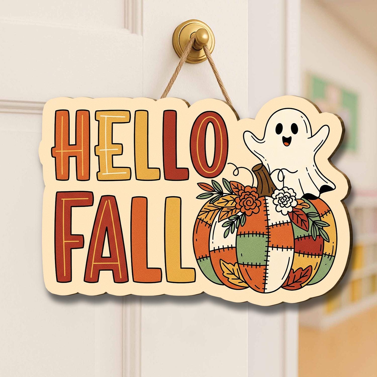 Hello Fall Door Sign, Cute Ghost Pumpkin Hanging Sign, Autumn Front Porch Decor, Patchwork Pumpkin Wall Sign, Fall Welcome Sign, Home Decor
