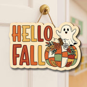 Hello Fall Door Sign, Cute Ghost Pumpkin Hanging Sign, Autumn Front Porch Decor, Patchwork Pumpkin Wall Sign, Fall Welcome Sign, Home Decor