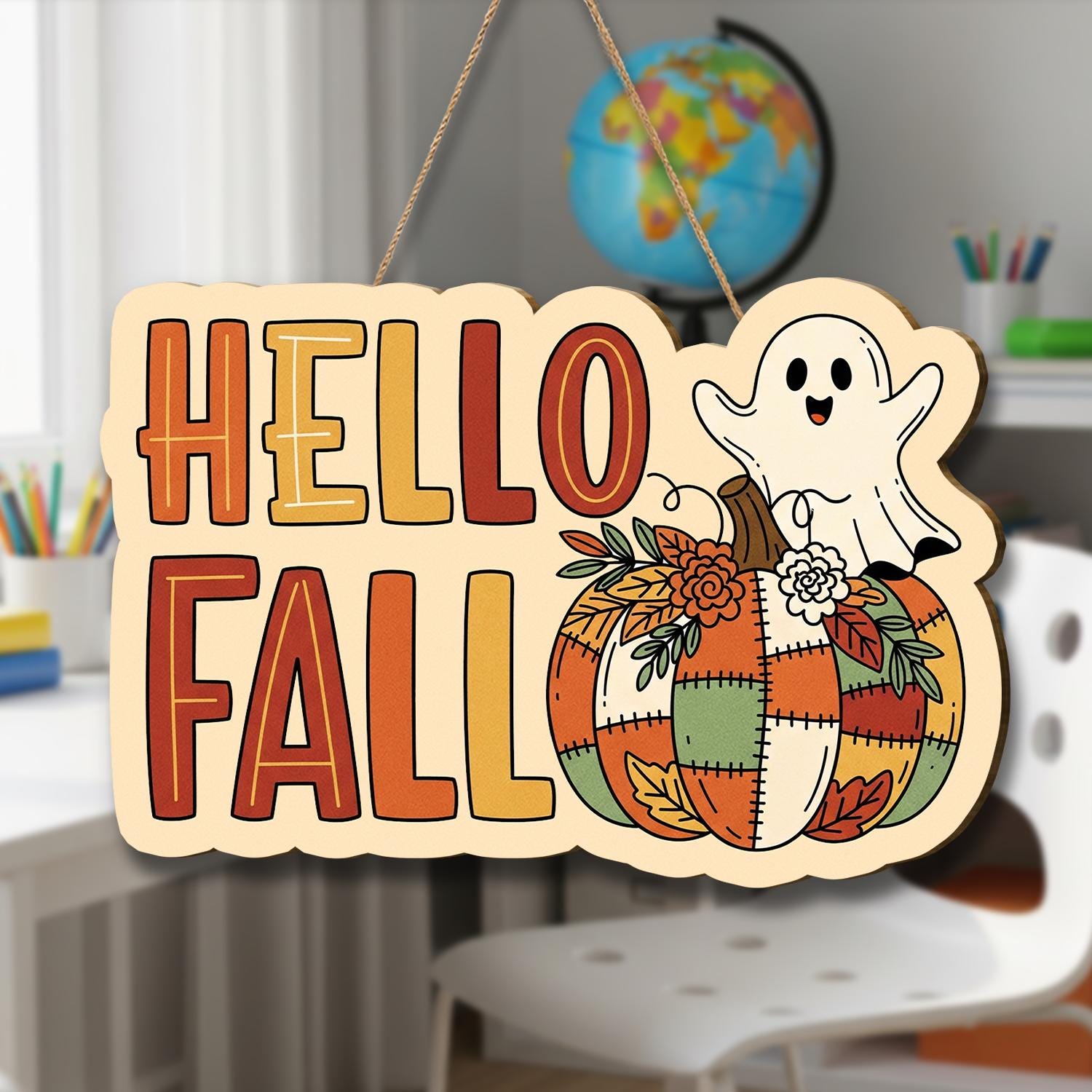 Hello Fall Door Sign, Cute Ghost Pumpkin Hanging Sign, Autumn Front Porch Decor, Patchwork Pumpkin Wall Sign, Fall Welcome Sign, Home Decor