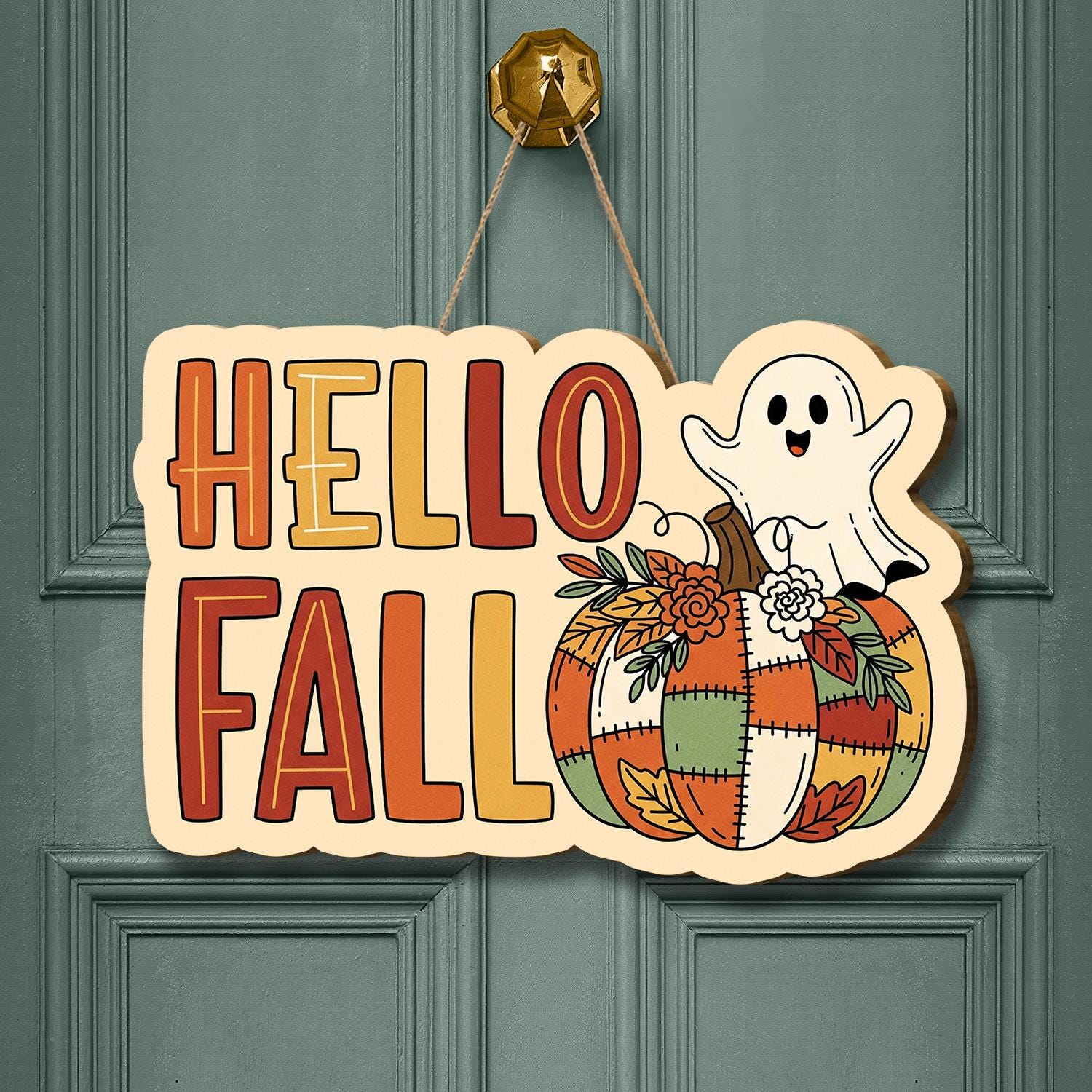 Hello Fall Door Sign, Cute Ghost Pumpkin Hanging Sign, Autumn Front Porch Decor, Patchwork Pumpkin Wall Sign, Fall Welcome Sign, Home Decor