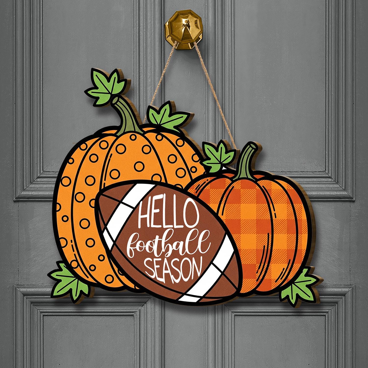 Hello Football Season Sign, Fall Pumpkin Door Hanger, Autumn Sports Decor, Rustic Football Wall Sign, Game Day Front Door Decor, Cute Sign