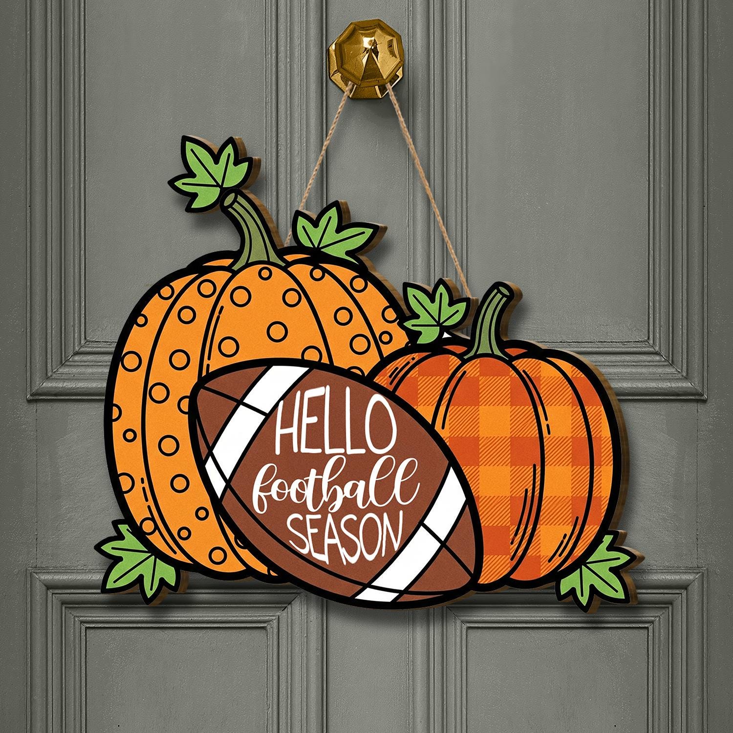Hello Football Season Sign, Fall Pumpkin Door Hanger, Autumn Sports Decor, Rustic Football Wall Sign, Game Day Front Door Decor, Cute Sign