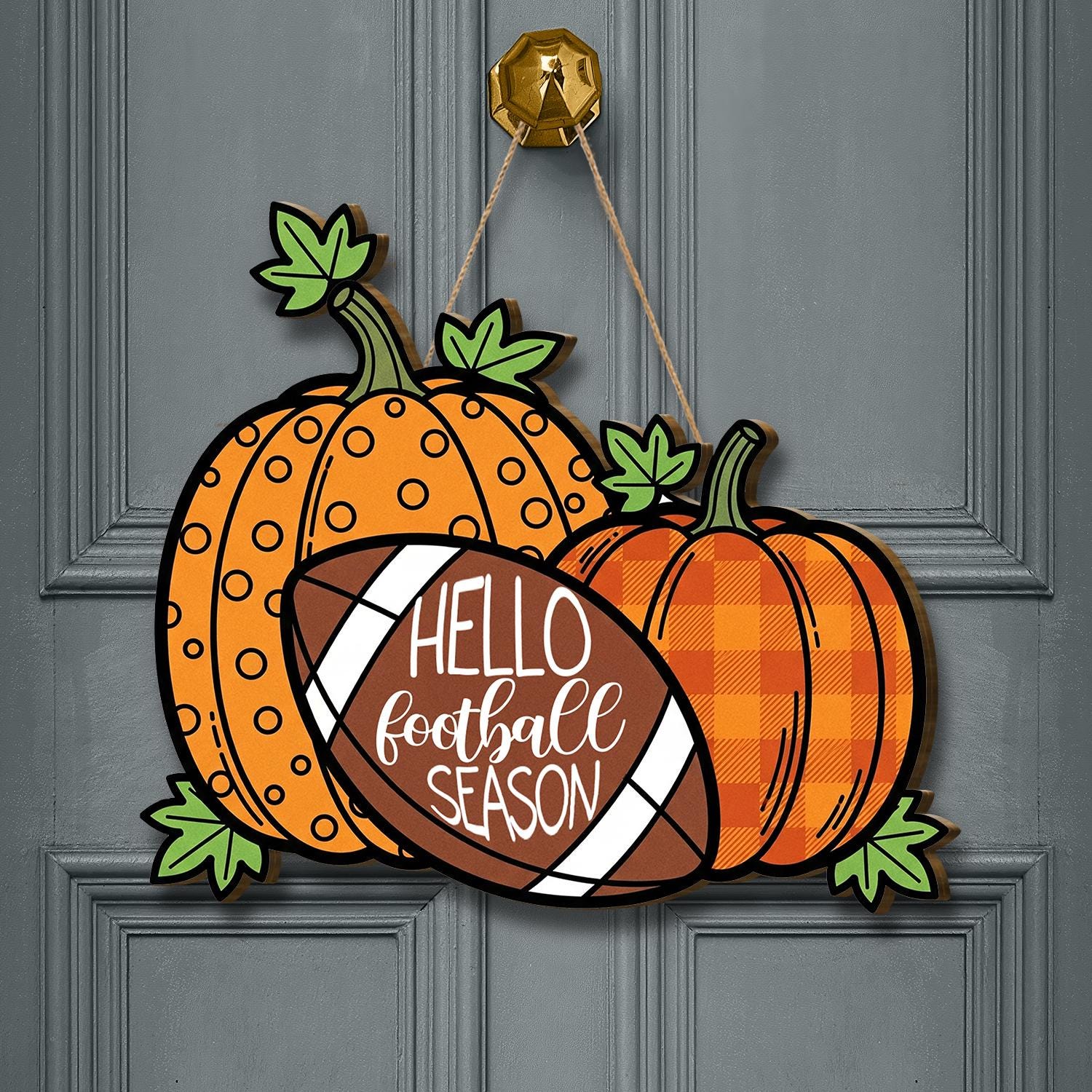 Hello Football Season Sign, Fall Pumpkin Door Hanger, Autumn Sports Decor, Rustic Football Wall Sign, Game Day Front Door Decor, Cute Sign
