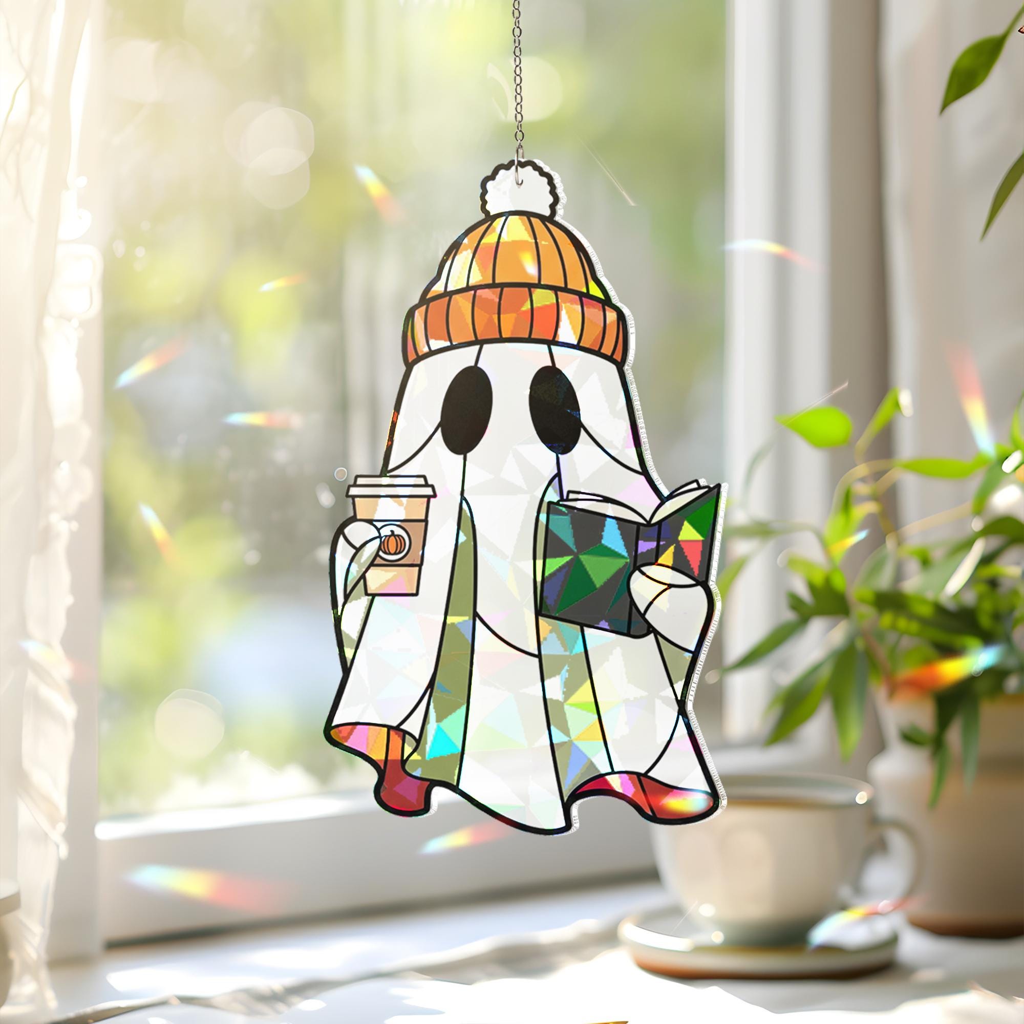 Acrylic Ghost Suncatcher, Cozy Reading Ghost Window Decor, Fall Coffee Book Lover Gift, Cute Autumn Ghost Hanging Decoration, Book Lovers