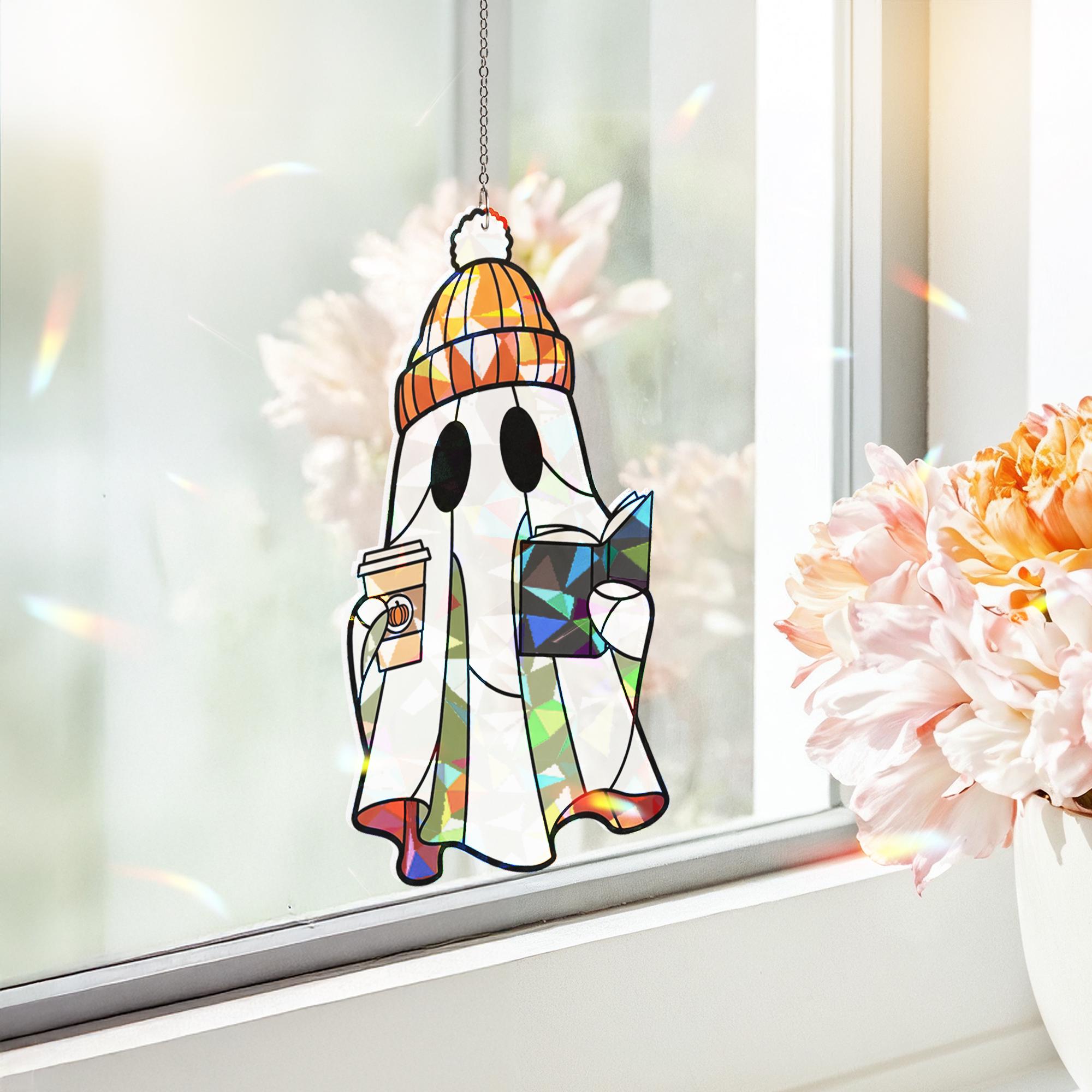 Acrylic Ghost Suncatcher, Cozy Reading Ghost Window Decor, Fall Coffee Book Lover Gift, Cute Autumn Ghost Hanging Decoration, Book Lovers