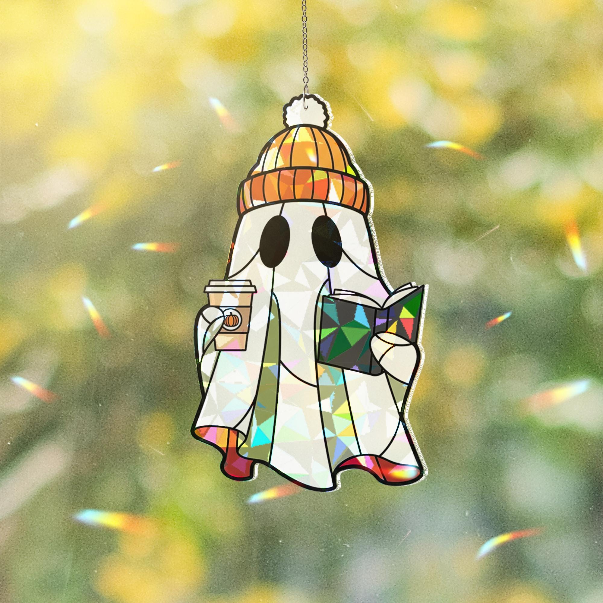 Acrylic Ghost Suncatcher, Cozy Reading Ghost Window Decor, Fall Coffee Book Lover Gift, Cute Autumn Ghost Hanging Decoration, Book Lovers