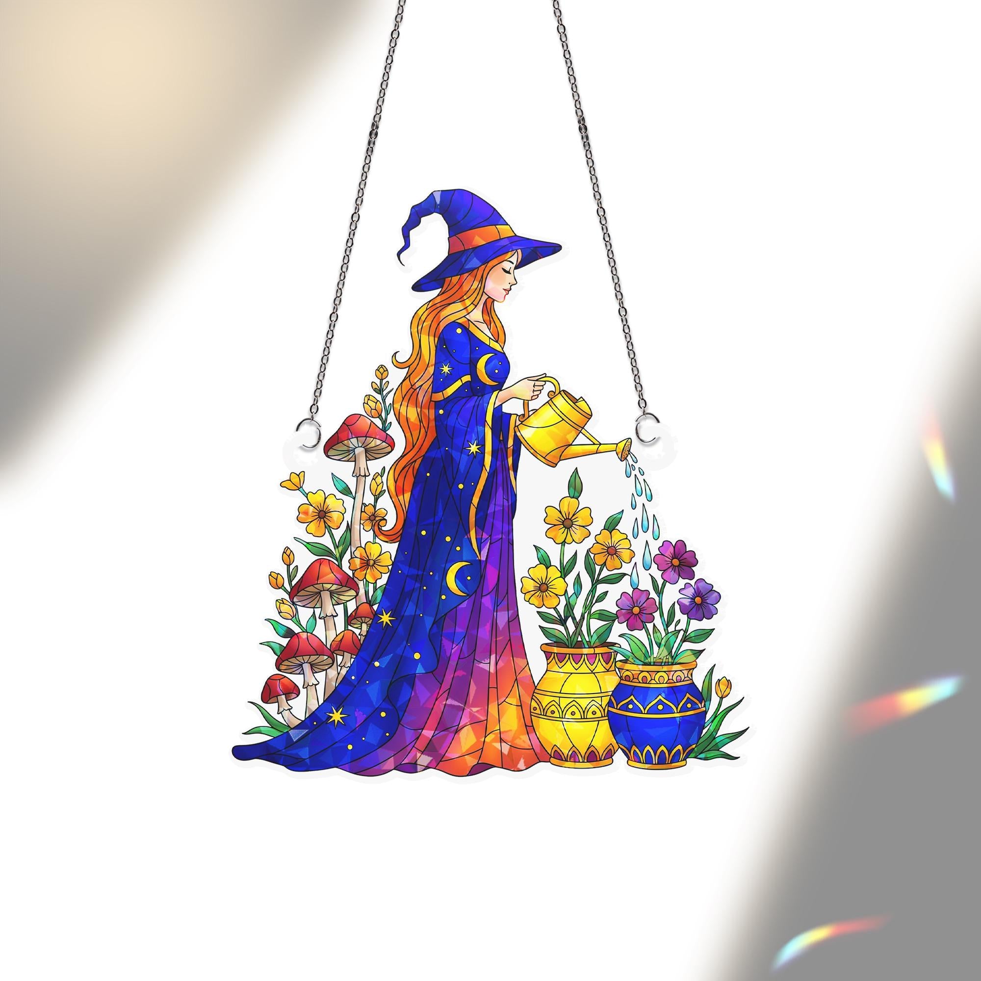 Colorful Witch Acrylic Suncatcher, Garden Witch Decor, Fantasy Window Hanging, Holographic Boho Gift, Mystic Flower Wall Art