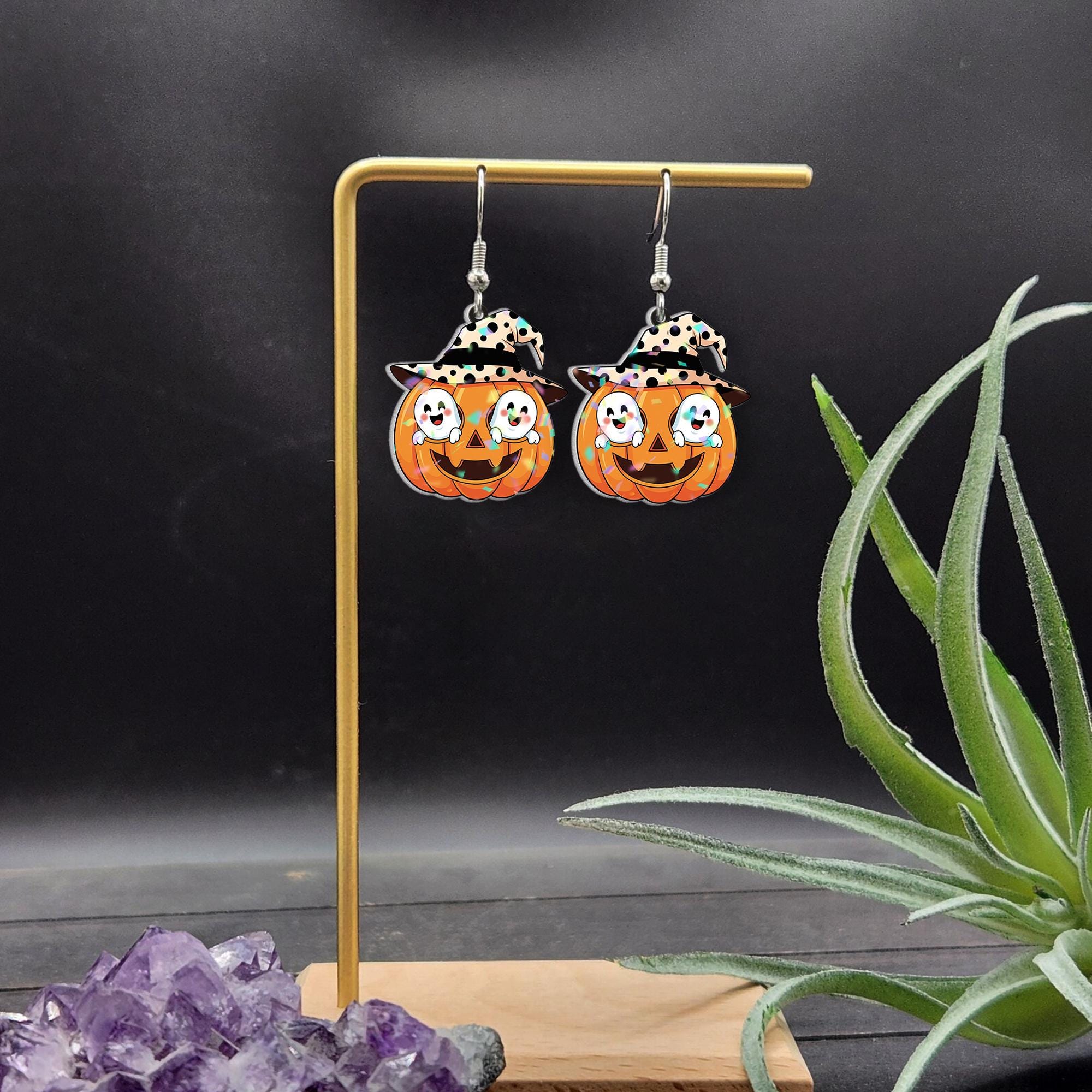 Pumpkin Ghost Earrings, Halloween Witch Hat Jewelry, Cute Fall Dangle Earrings, Spooky Fun Gift for Her, Acrylic Party Accessory