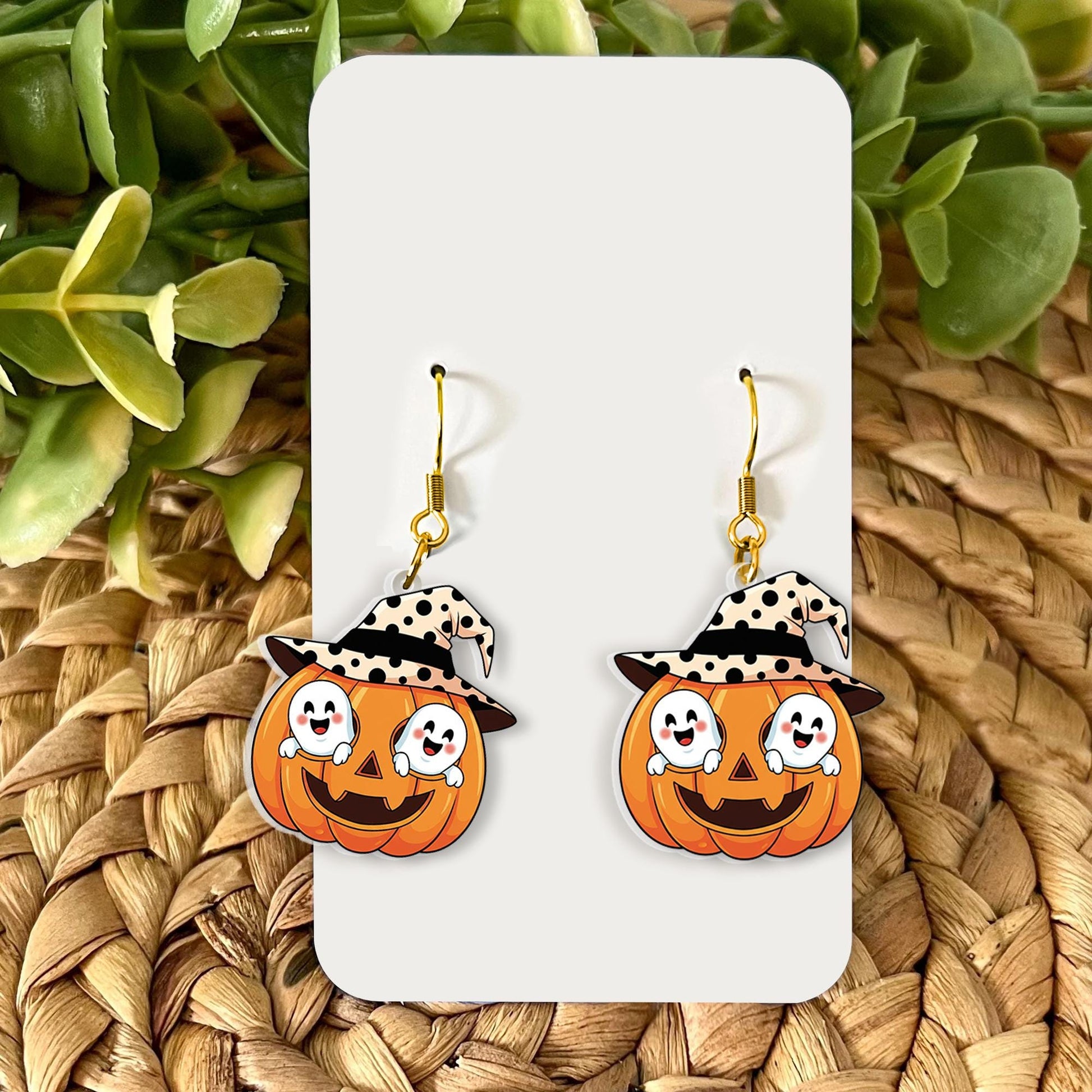Pumpkin Ghost Earrings, Halloween Witch Hat Jewelry, Cute Fall Dangle Earrings, Spooky Fun Gift for Her, Acrylic Party Accessory