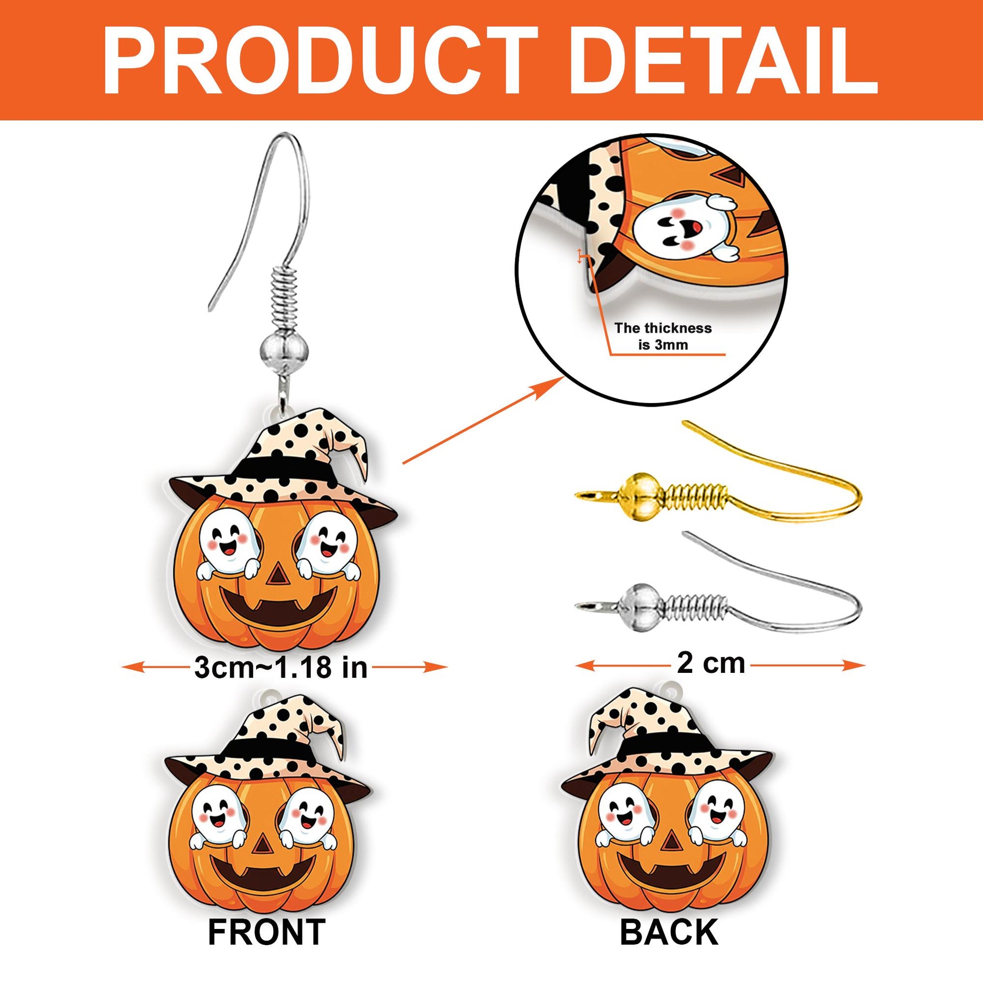 Pumpkin Ghost Earrings, Halloween Witch Hat Jewelry, Cute Fall Dangle Earrings, Spooky Fun Gift for Her, Acrylic Party Accessory