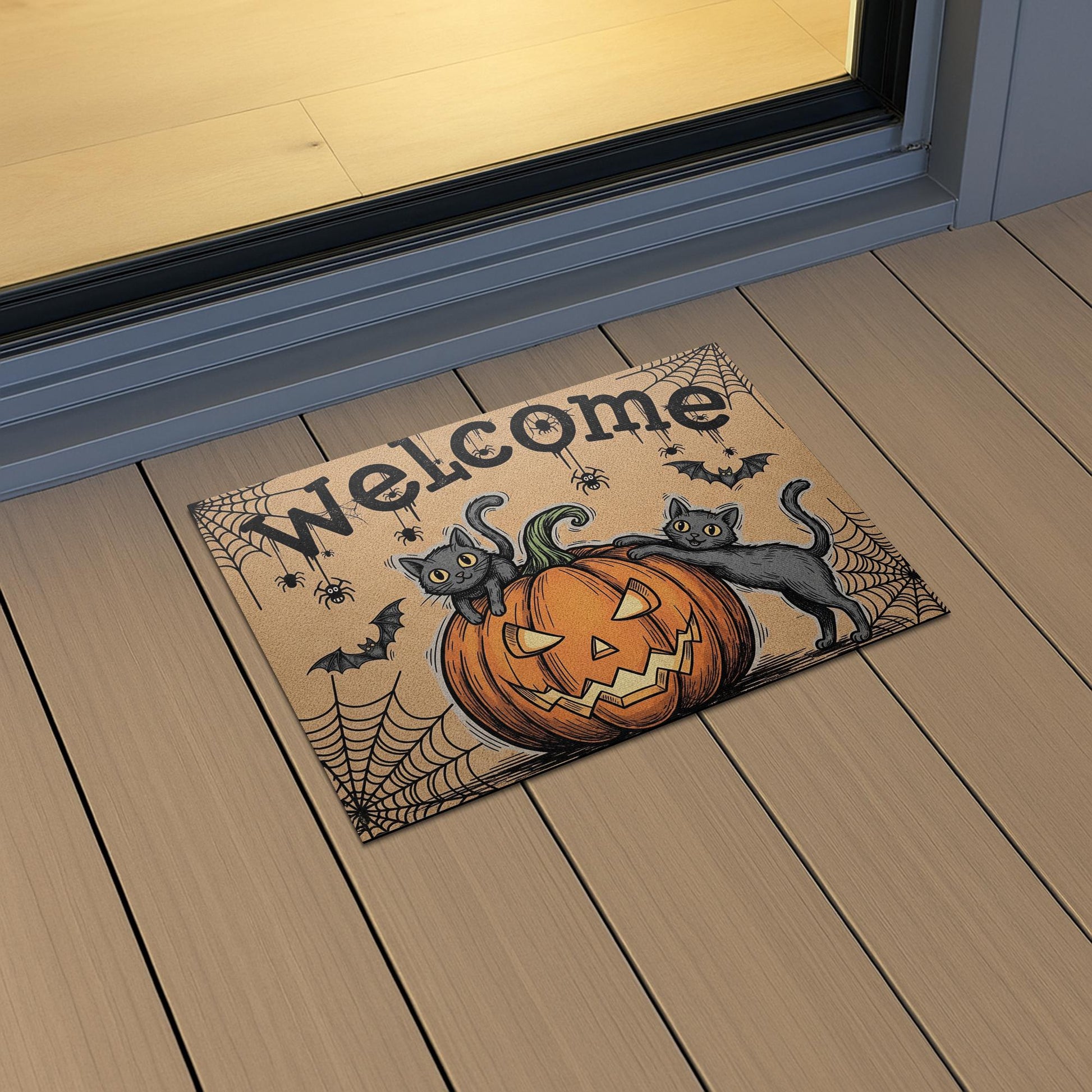 Halloween Welcome Doormat, Black Cat Pumpkin Outdoor Mat, Spooky Cute Fall Decor, Front Porch Rug, Funny Autumn Door Mat