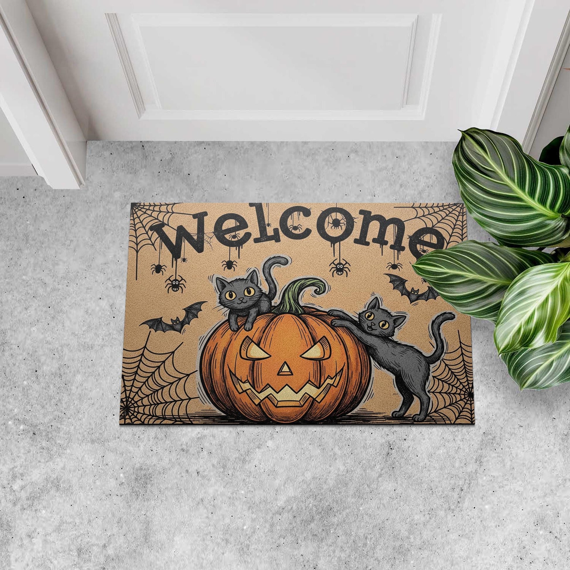 Halloween Welcome Doormat, Black Cat Pumpkin Outdoor Mat, Spooky Cute Fall Decor, Front Porch Rug, Funny Autumn Door Mat