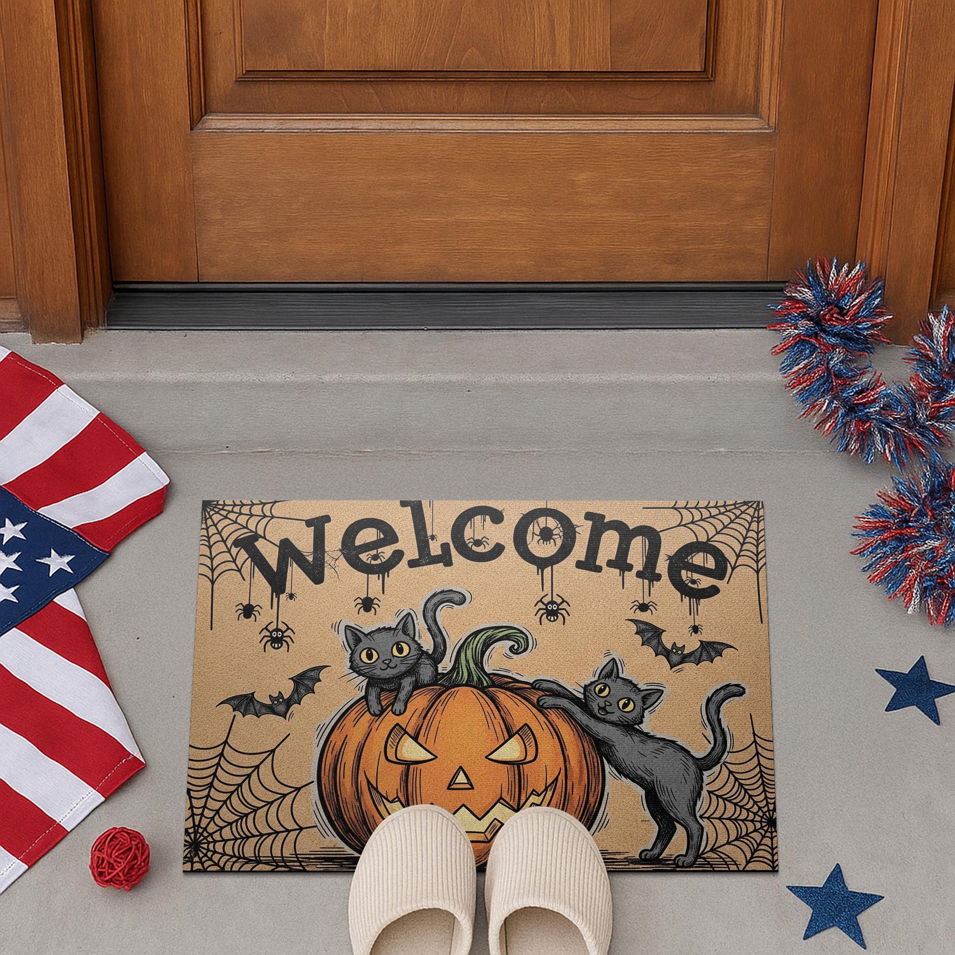 Halloween Welcome Doormat, Black Cat Pumpkin Outdoor Mat, Spooky Cute Fall Decor, Front Porch Rug, Funny Autumn Door Mat