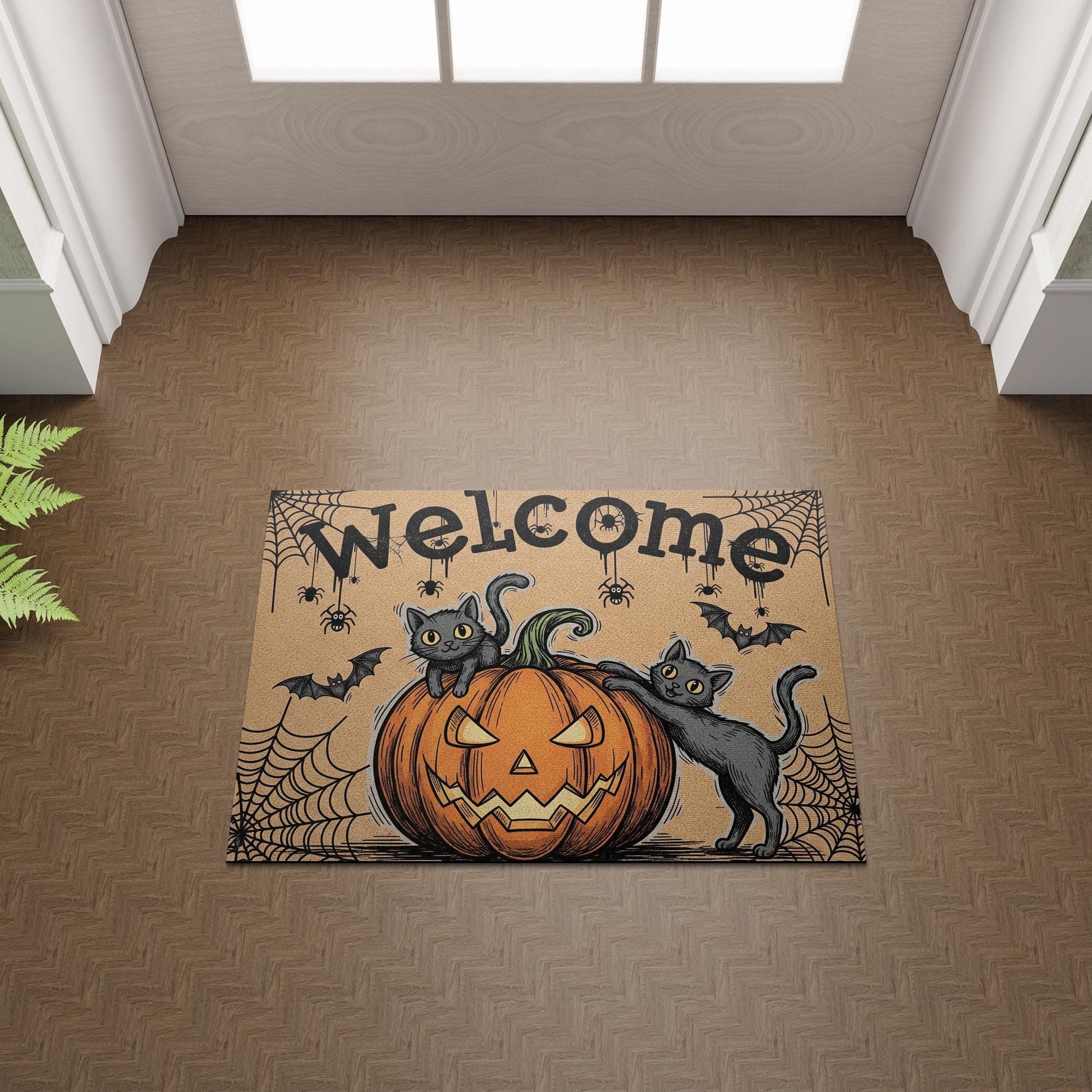 Halloween Welcome Doormat, Black Cat Pumpkin Outdoor Mat, Spooky Cute Fall Decor, Front Porch Rug, Funny Autumn Door Mat